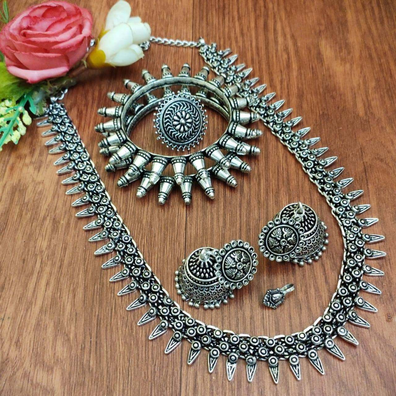 Long Oxidised necklace set of 5 with jhumki/ Indian statement necklace tribal jewelry oxidised antique handmade Bollywood celebrity oxidized