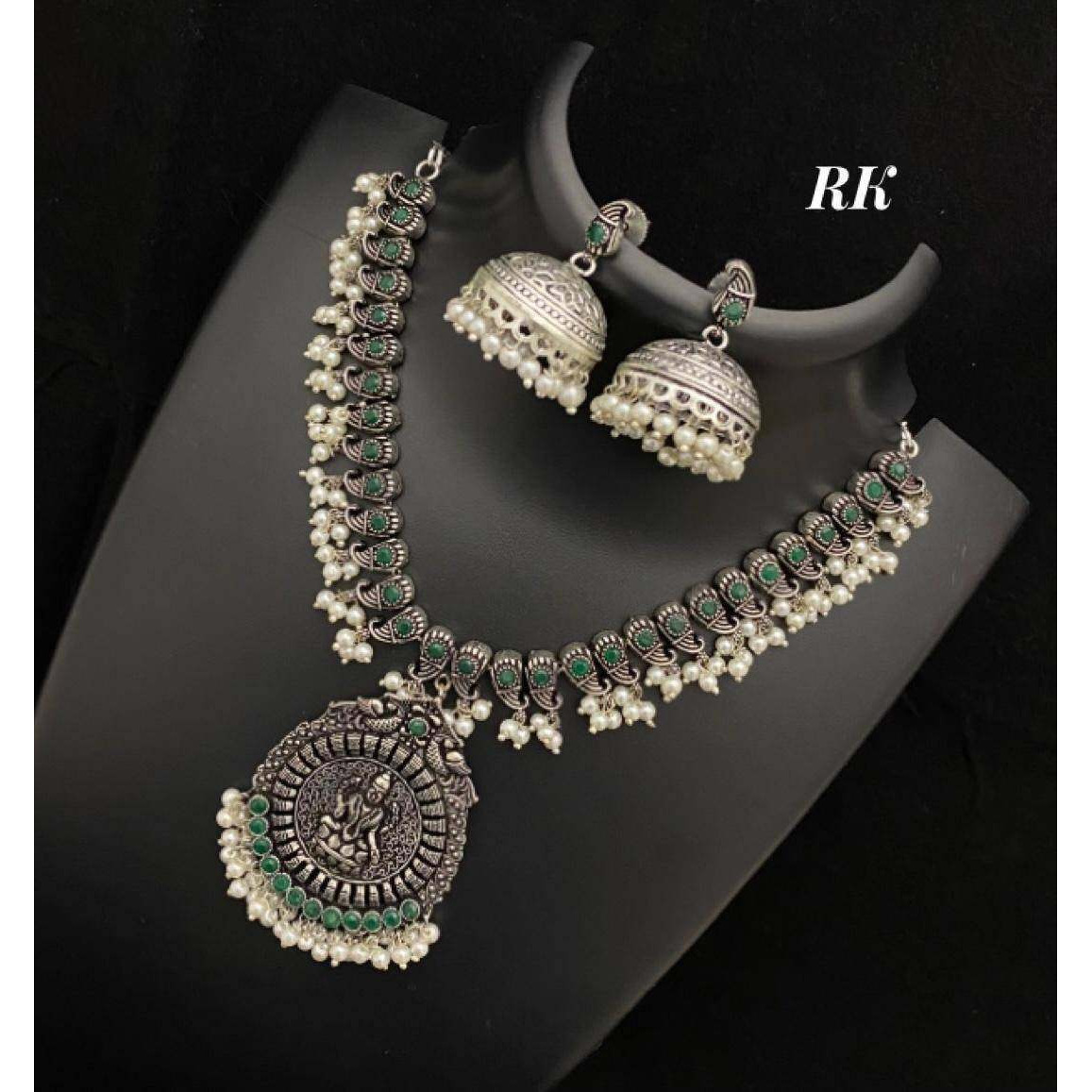 Pearl Stone oxidised jewelry set, lord laxmi statement necklace boho tribal jewelry, traditional etnic oxidized, temple jewelry set,Handmade