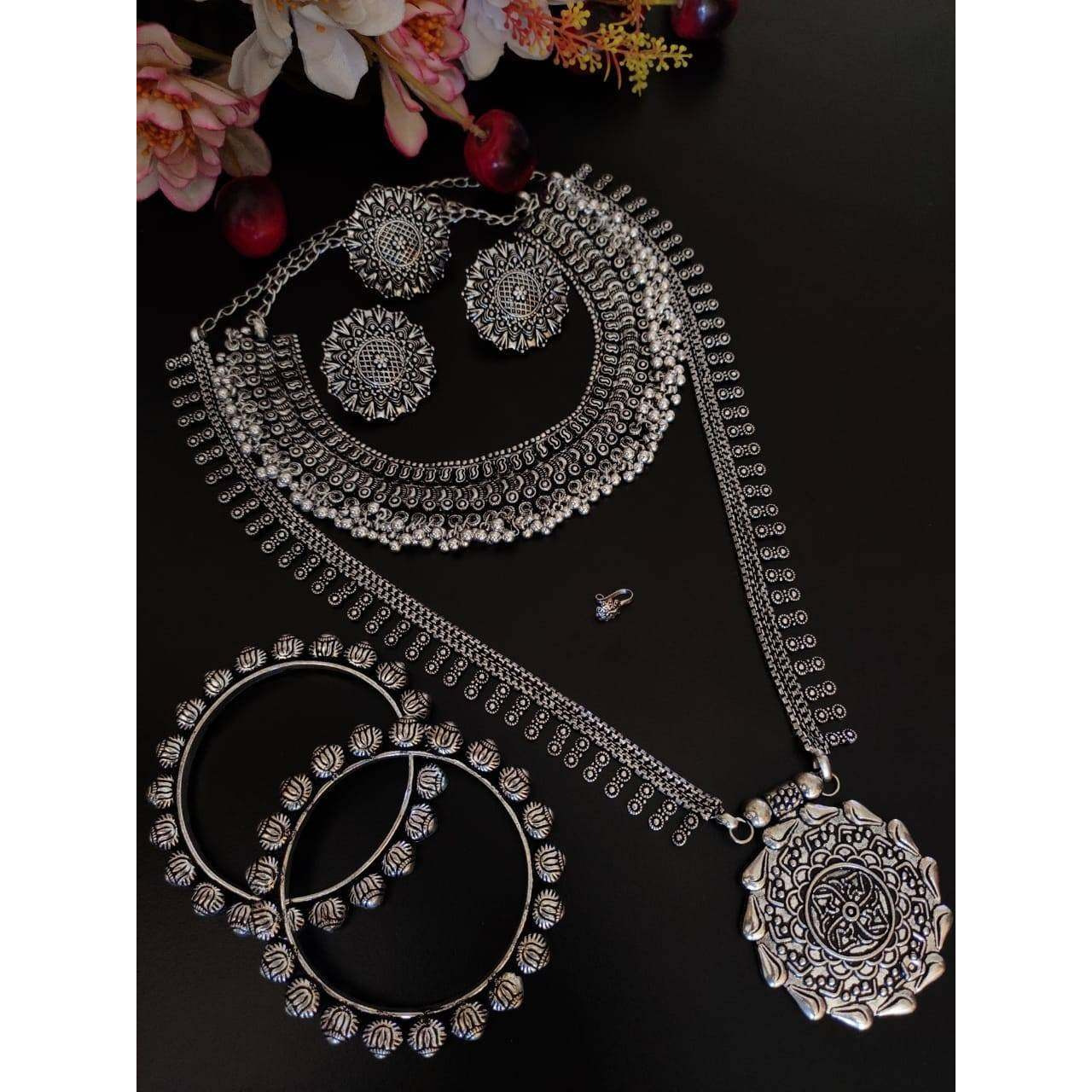 Oxidised Jewellery Set Of 6, Ghunghroo Choker With Long Necklace, German Silver Jewelry, Kolhapuri Oxidised Set, Indian Silver Choker