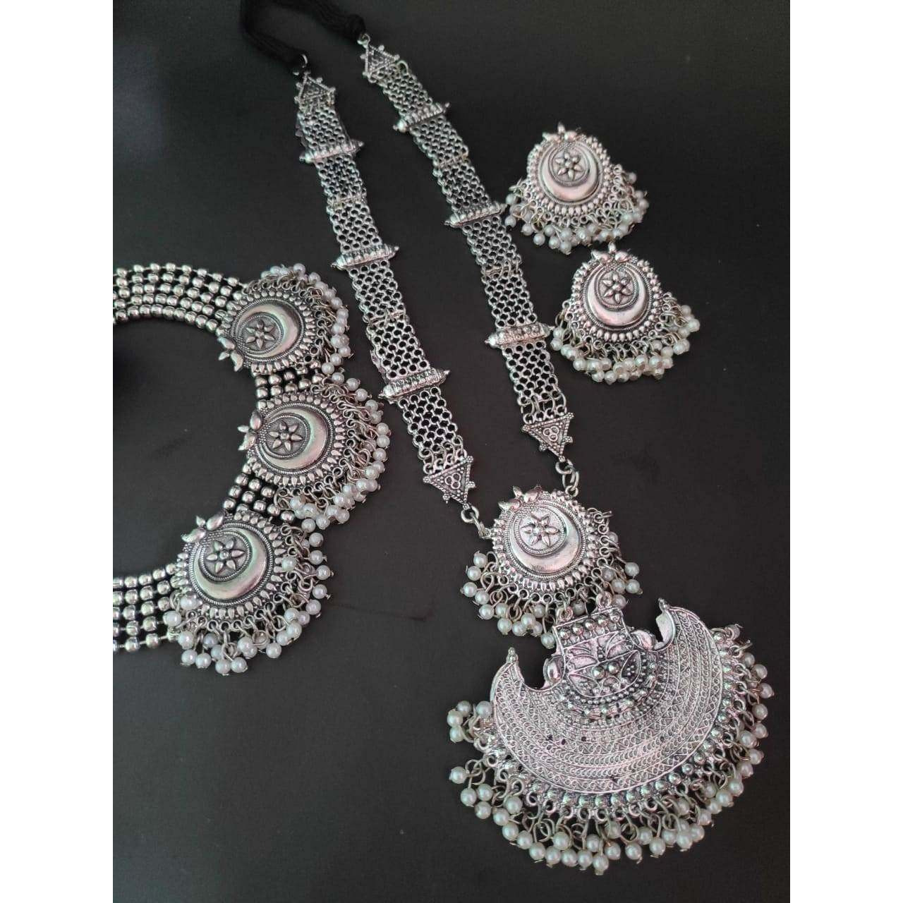 Indian long necklace set, double necklace Oxidized long Afghani  Necklace Set with pearls/ Boho tribal necklace/ Indian German silver set
