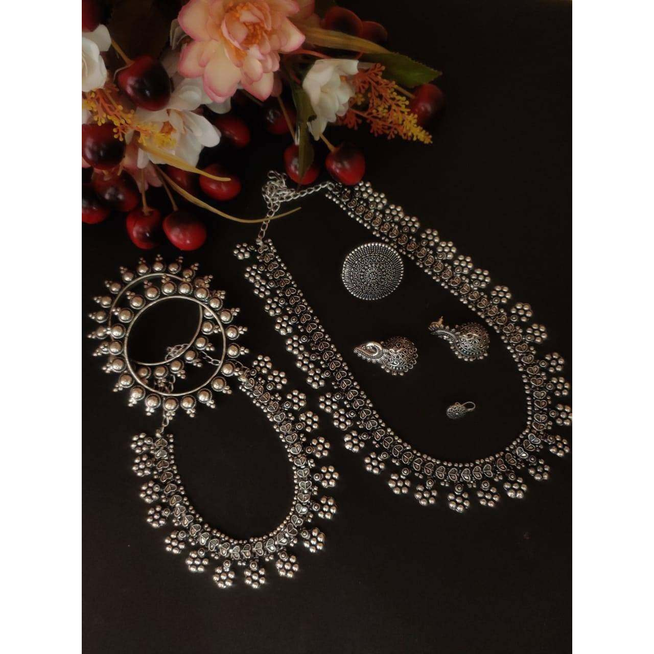 Oxidized German Silver Long Necklace Set of 6 | Indian Ethnic Oxidized Silver Black Temple Jewelry | Kolhapuri Boho Tribal Necklace