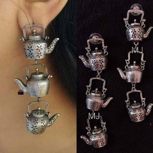 Indian Oxidised Jewellery, antique jewellery, Kettle teapot earrings, Indian silver look earrings