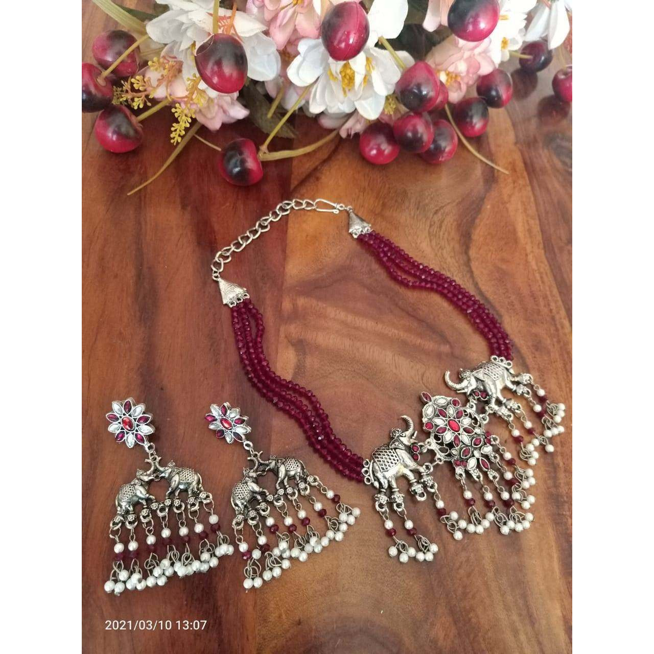 Red Crystal Choker Bead Necklace Set, Indian Jewelry, Indian Silver Choker Set, Oxidised Choker Set, Indian Ethnic Jewelry, Oxidized Set