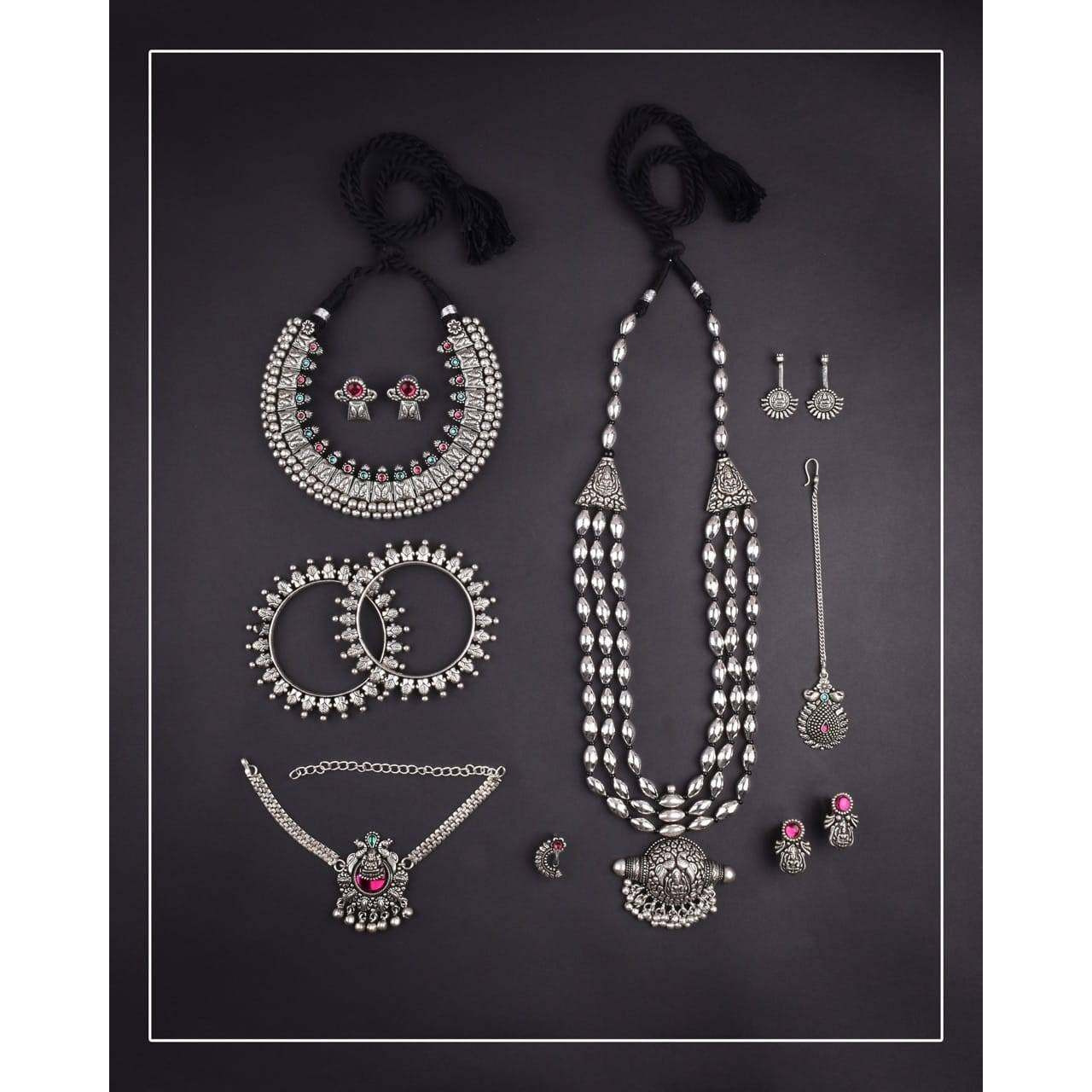 Indian Bridal Kolhapuri style wedding long oxidised set, German Silver oxidized jewellery, Bollywood celebrity Temple jewelery, giftsfor her