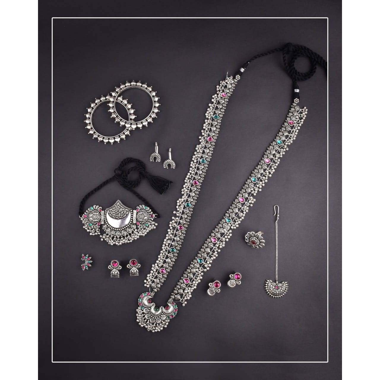 Indian Bridal Kolhapuri style wedding long oxidised set, German Silver oxidized jewellery, Bollywood celebrity Temple jewelery, giftsfor her