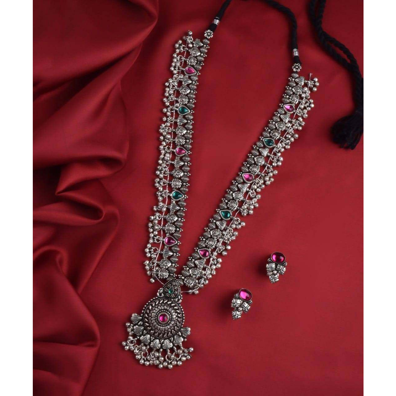 Kolhapuri saaj oxidised wedding bridal jewellery, Indian maharashtrian jewelry, German silver jewellery set, long pendant set, gifts for her