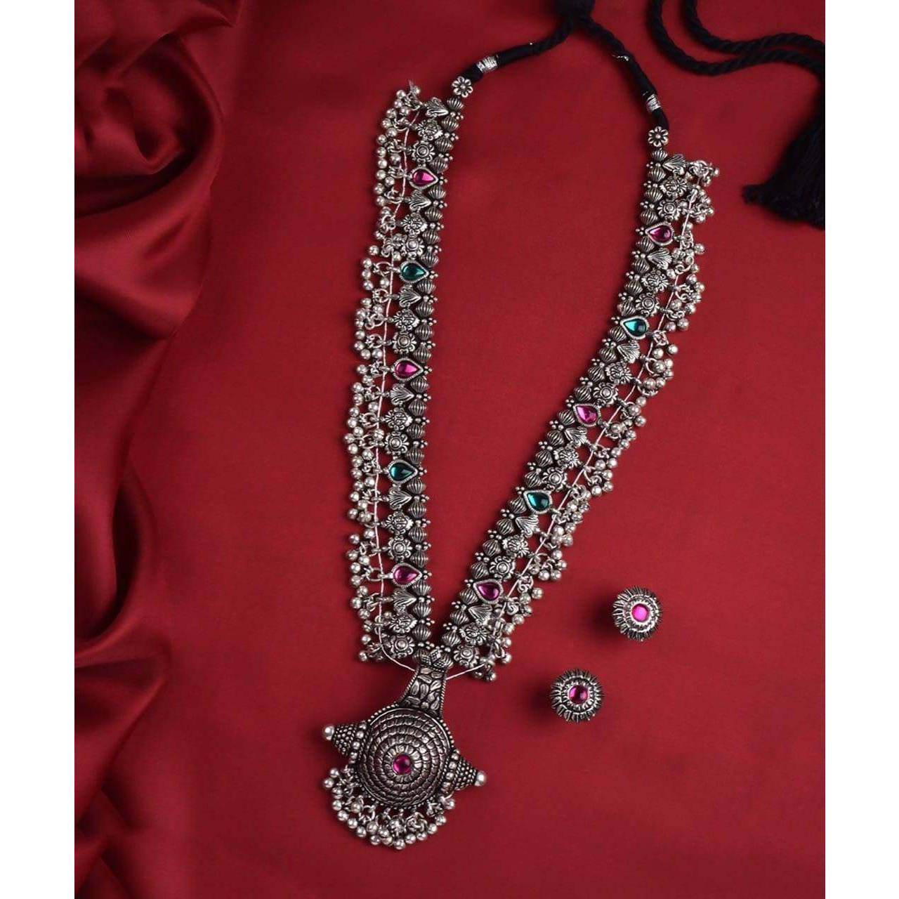 Kolhapuri saaj oxidised wedding bridal jewellery, Indian maharashtrian jewelry, German silver jewellery set, long pendant set, gifts for her