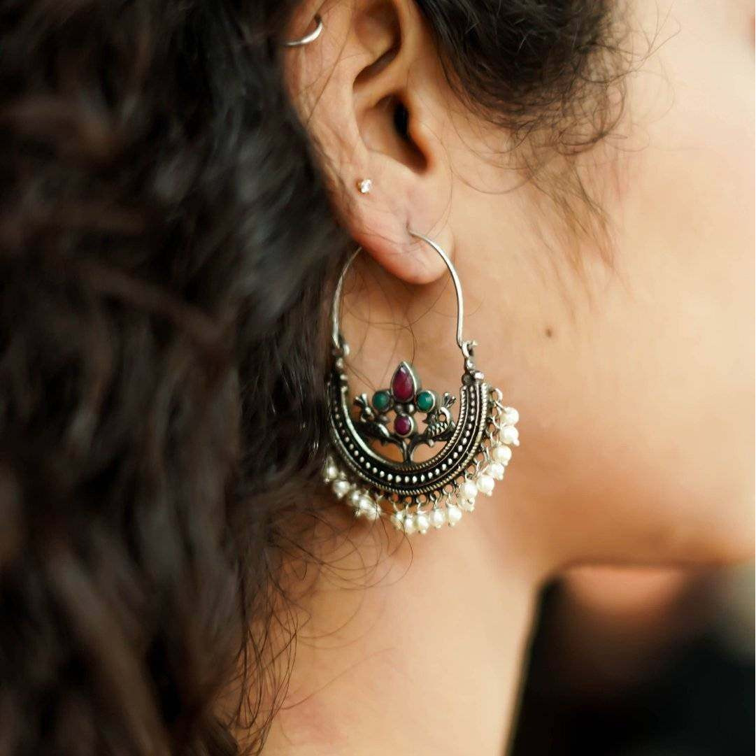 Indian oxidised multicolor Stone pearl hoop Earring, ethnic earrings, gifts for her, Indian jewelery, handmade, long earrings