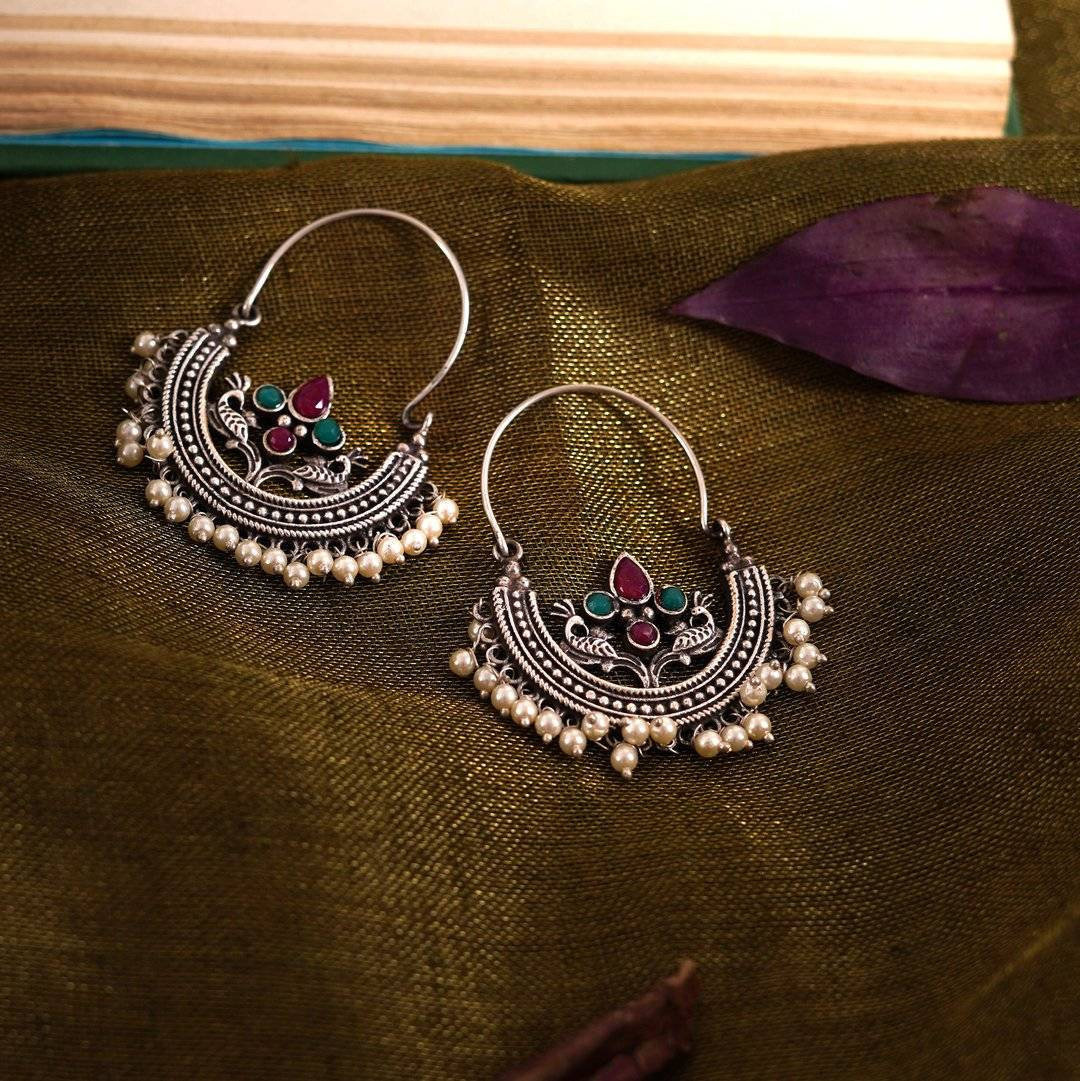Indian oxidised multicolor Stone pearl hoop Earring, ethnic earrings, gifts for her, Indian jewelery, handmade, long earrings