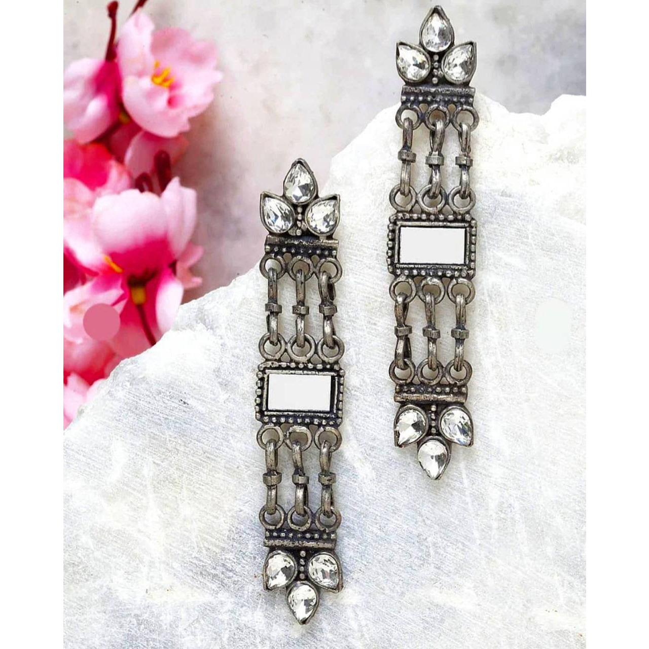 Mirror earrings, Indian long chandelier earrings, Afghani earrings, oxidised earrings, silver look earrings, handmade, gifts for her, annive