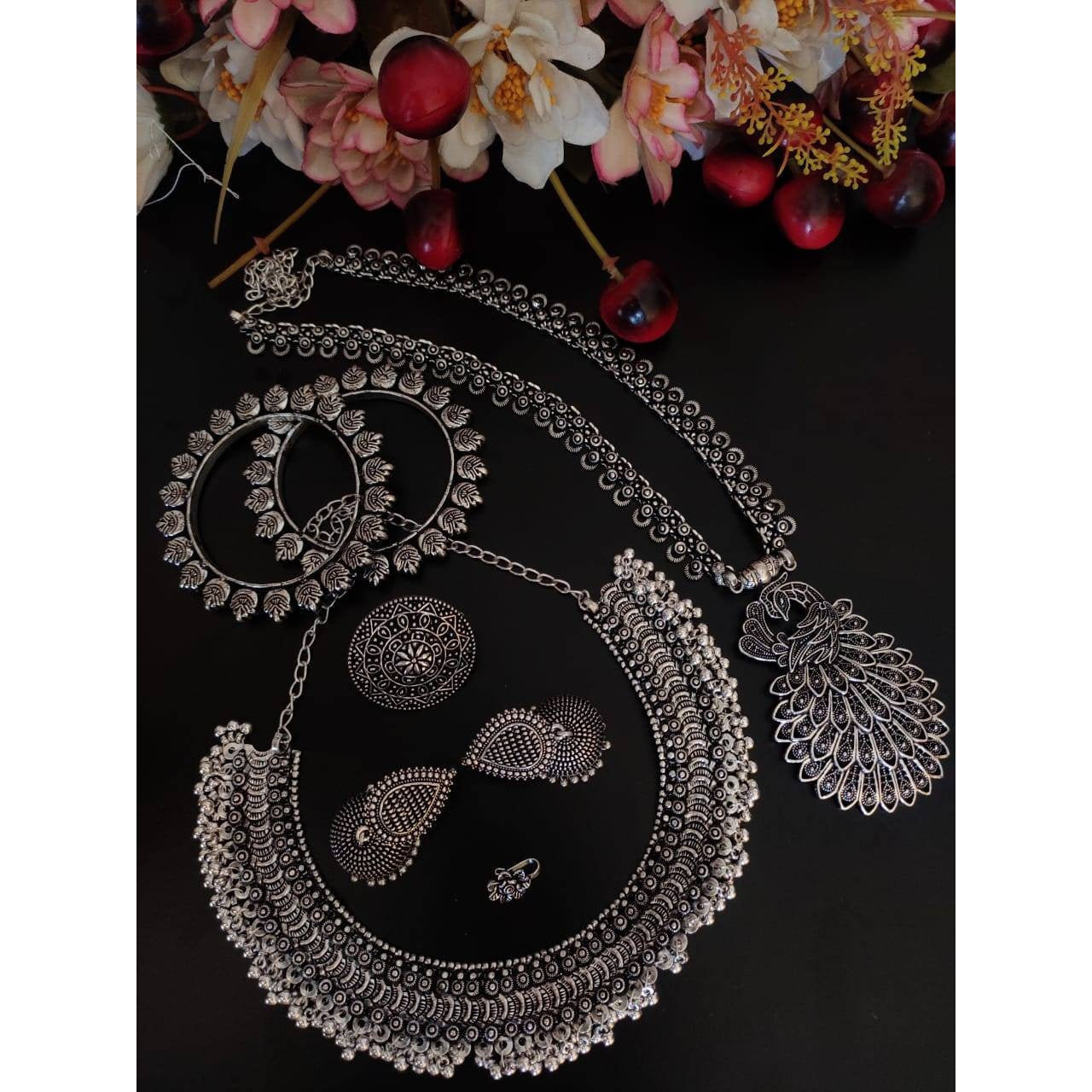 Indian jewellery, oxidised ethnic jewellery set, jhumka ghunghroo set, silver look jewelery, boho hippie, long+ short haram, gifts for her