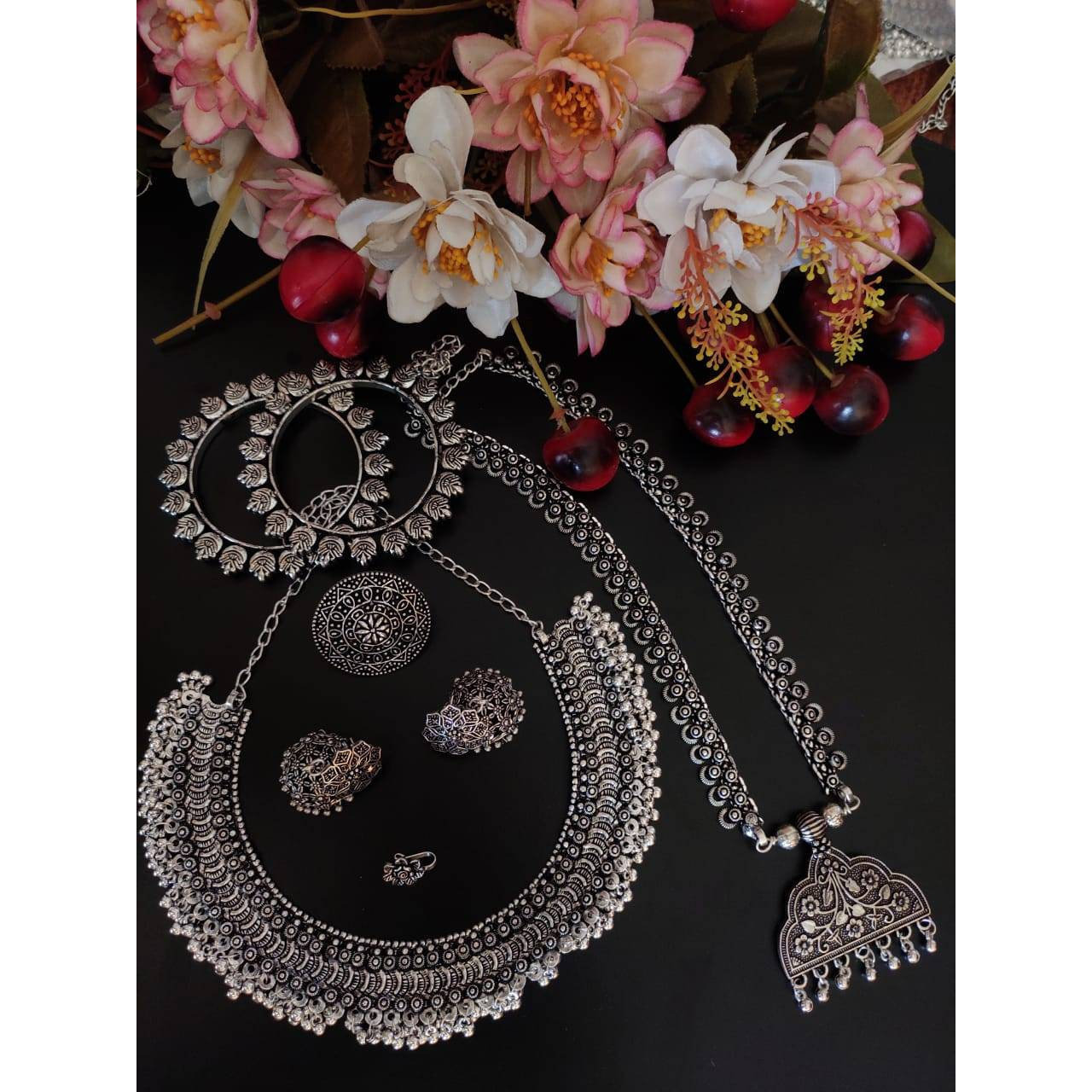 Indian jewellery, oxidised ethnic jewellery set, jhumka ghunghroo set, silver look jewelery, boho hippie, long+ short haram, gifts for her