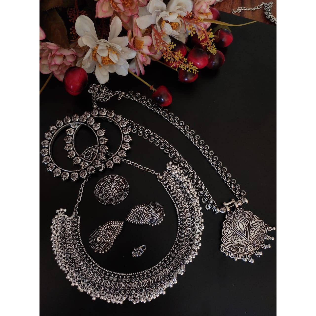 Indian jewellery, oxidised ethnic jewellery set, jhumka ghunghroo set, silver look jewelery, boho hippie, long+ short haram, gifts for her