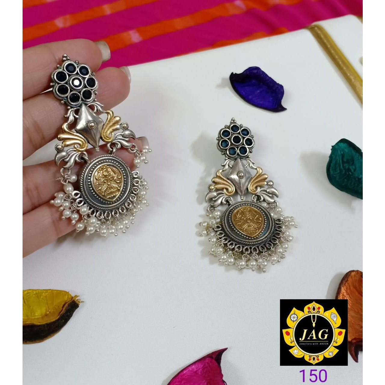 Long earrings, silver golden dual tone earring with pearl, Indian earrings, ethnic earring,stone earring, handmade, temple jewelry, kemp