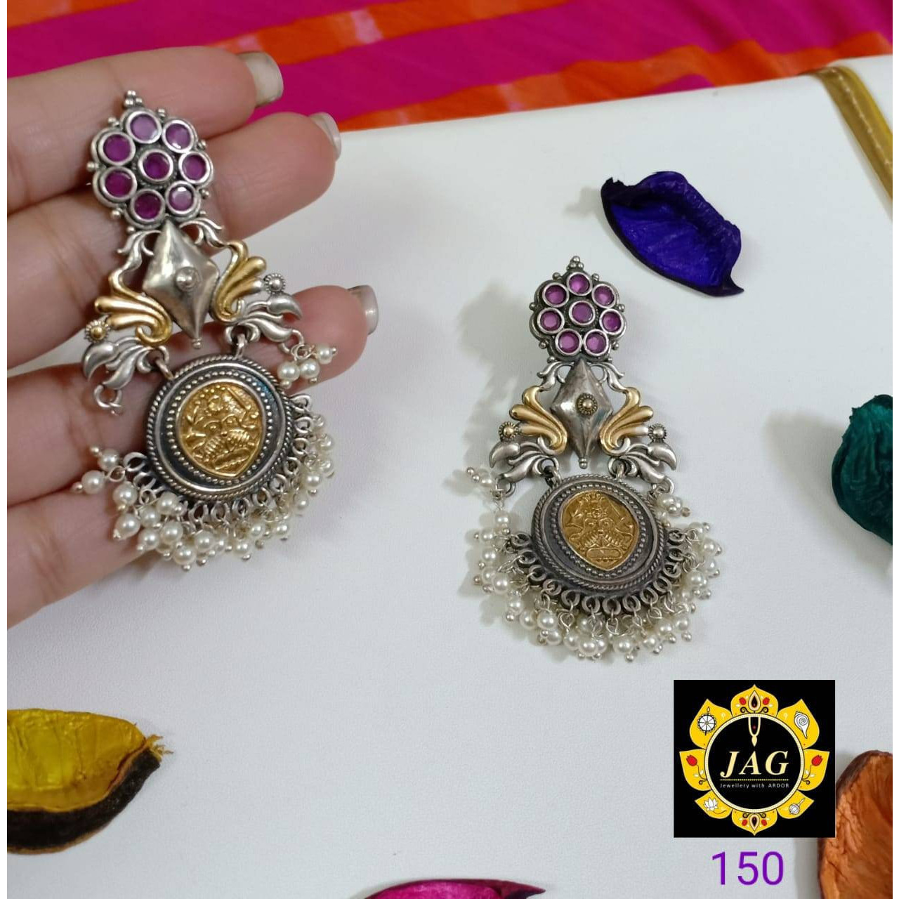 Long earrings, silver golden dual tone earring with pearl, Indian earrings, ethnic earring,stone earring, handmade, temple jewelry, kemp