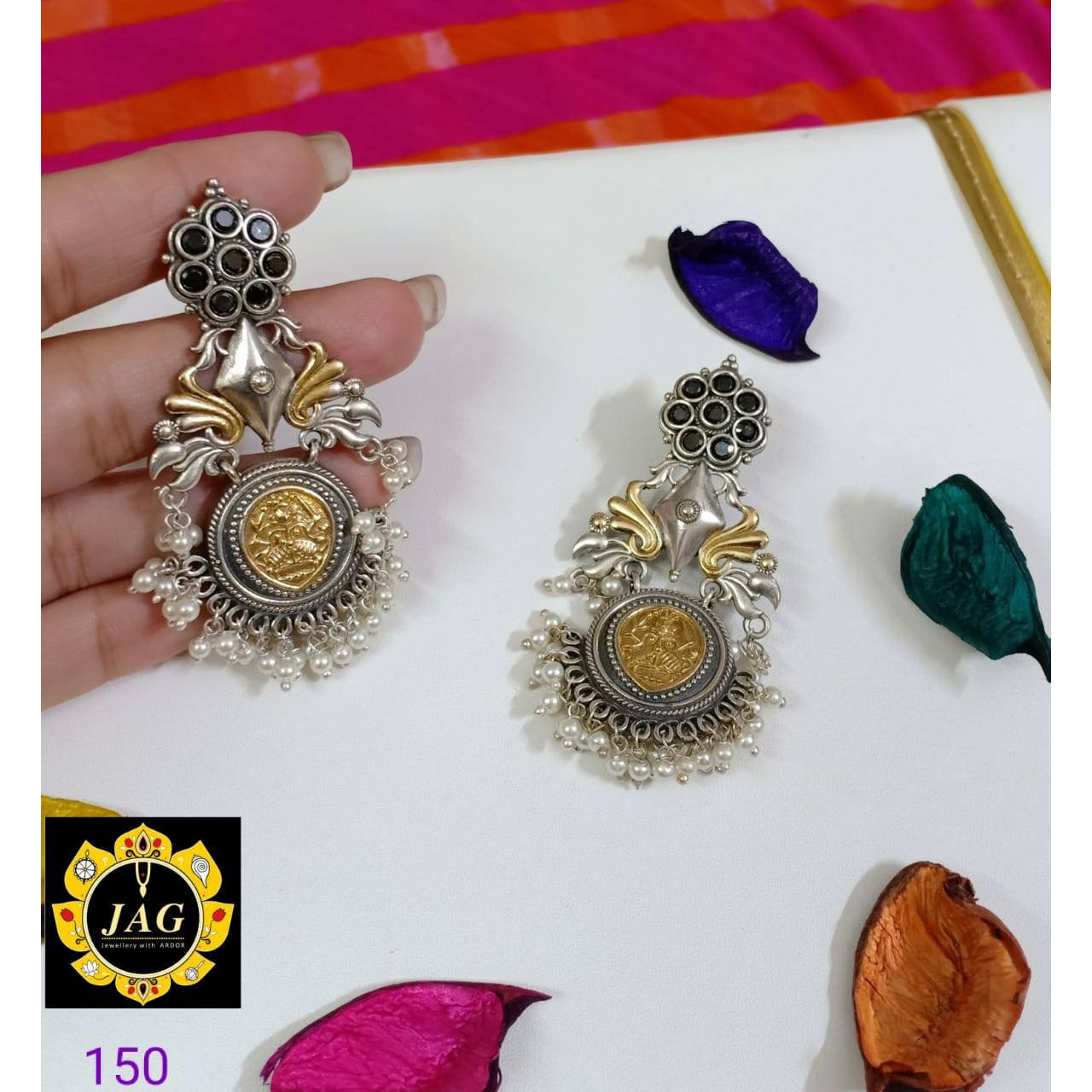 Long earrings, silver golden dual tone earring with pearl, Indian earrings, ethnic earring,stone earring, handmade, temple jewelry, kemp