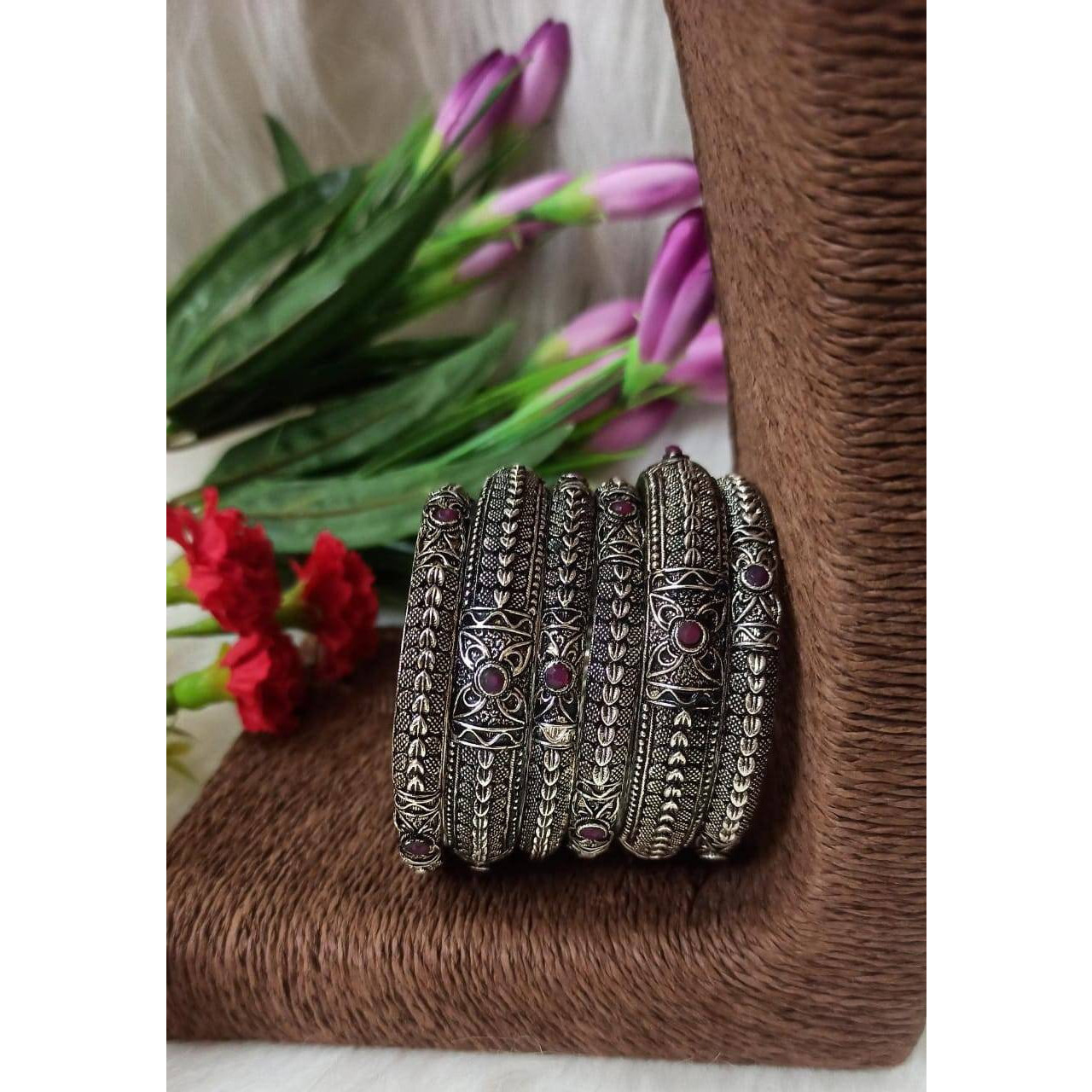 Kolhapuri oxidised bangle set of 6, German silver bangles, temple jewelry bangle set, thick bangles, Indian ethnic bangles, silver black ban