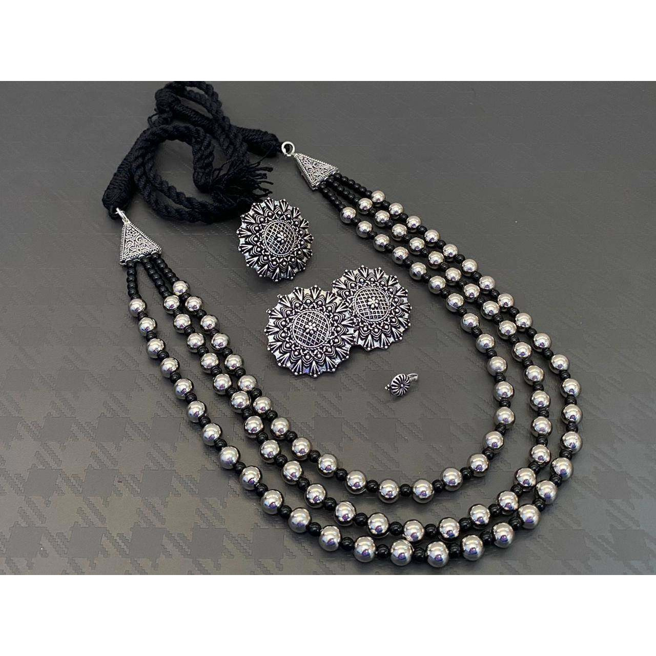 3 layer multistrand necklace set, Indian jewelery set, oxidised multilayer set, ethnic jewellery, handmade, oxidized silver look jewelery