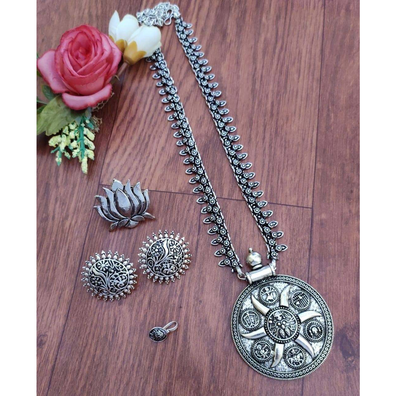 Indian ethnic long necklace set of 4/ antique handmade oxidised set/Temple oxidized jewellery/ kemp jewelry/ German Silver set