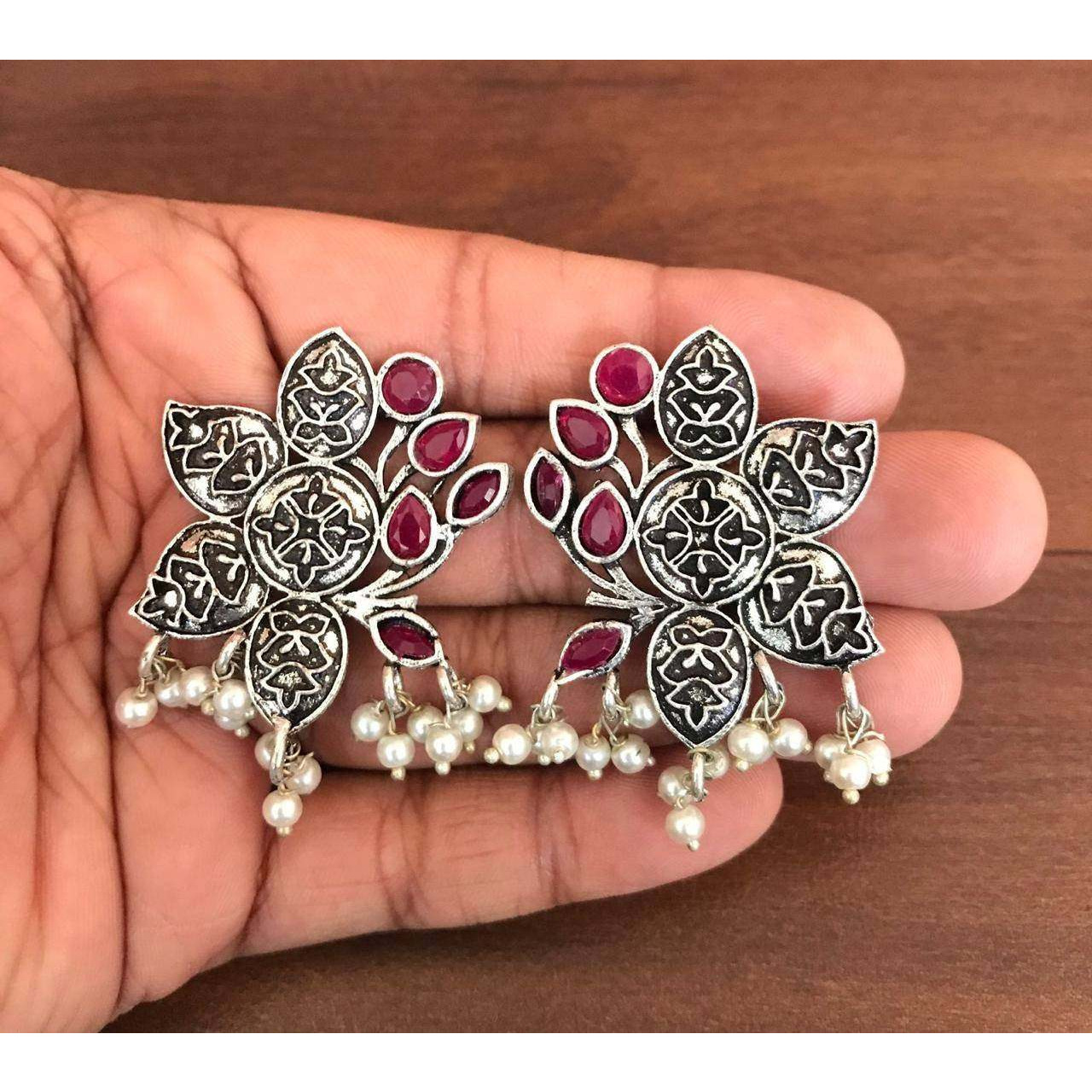 Stud earrings, German silver stud earrings, oxidised studs  stone studs, Indian ethnic earrings, big studs,flower studs