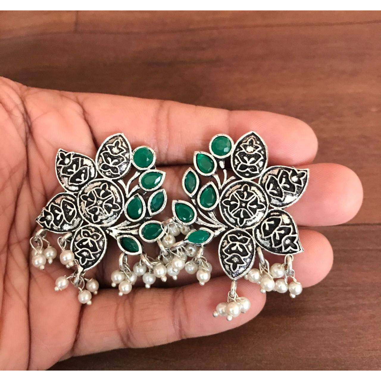 Stud earrings, German silver stud earrings, oxidised studs  stone studs, Indian ethnic earrings, big studs,flower studs
