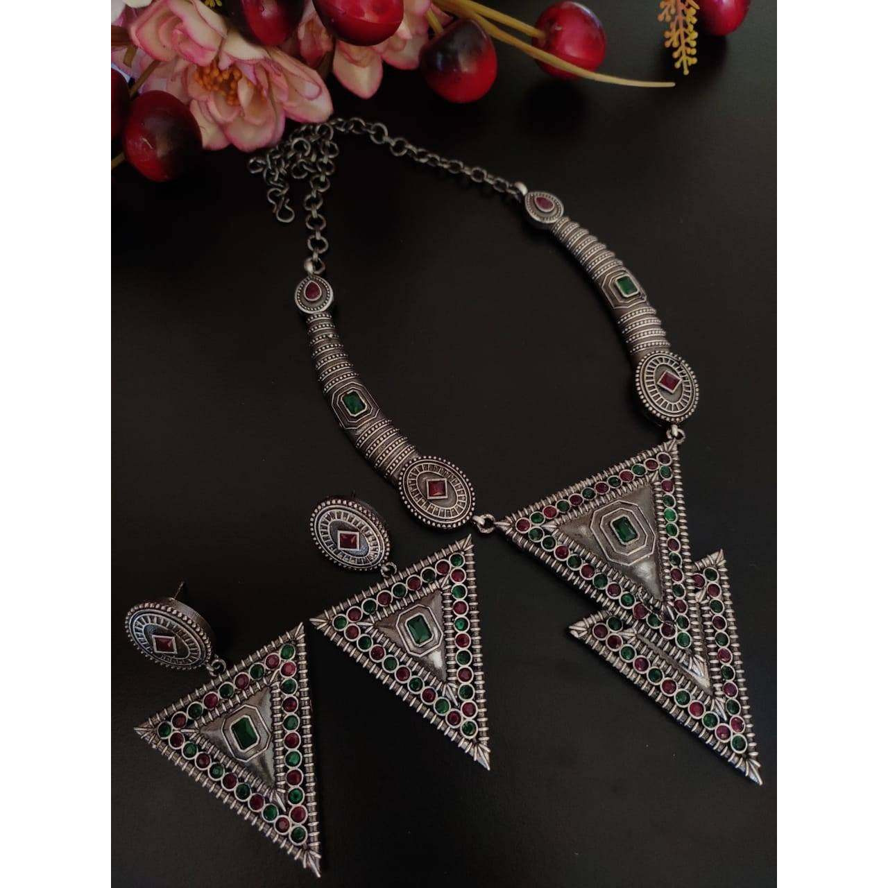 SLA Silver Oxidized Necklace Set, Trendy Indian Jewellery Set, Boho Tribal Fashion Jewelry, Indian Oxidized Jewelry Set, Oxidised Necklace
