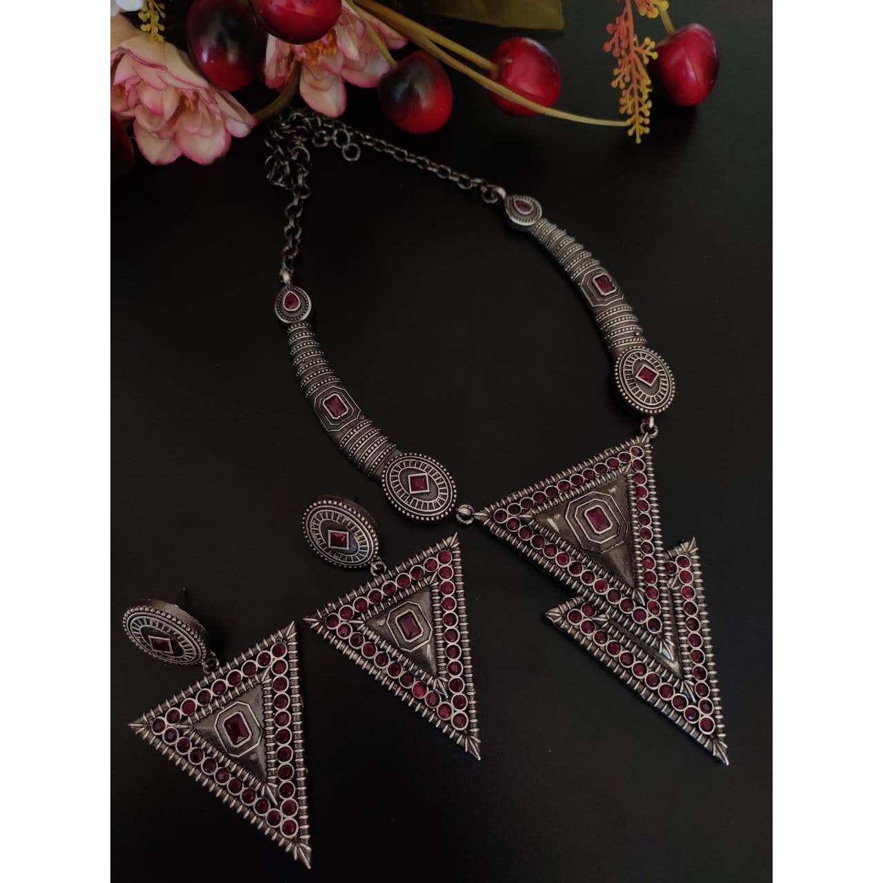 SLA Silver Oxidized Necklace Set, Trendy Indian Jewellery Set, Boho Tribal Fashion Jewelry, Indian Oxidized Jewelry Set, Oxidised Necklace