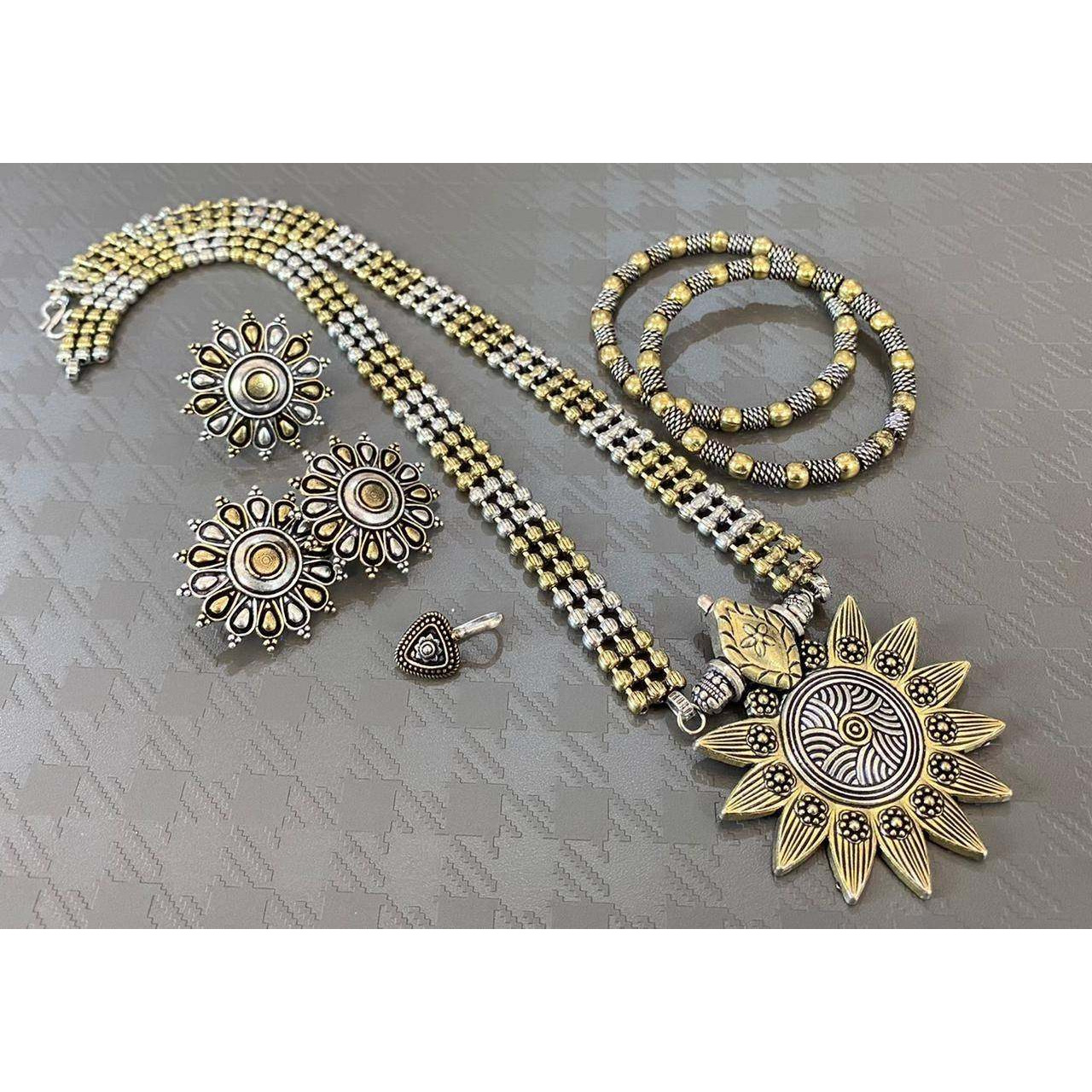 Indian jewellery dual tone set, oxidised jewelry set of 5, Bohol tribal jewelry, gifts for her, long necklace set, handmade, Kolhapuri jewel