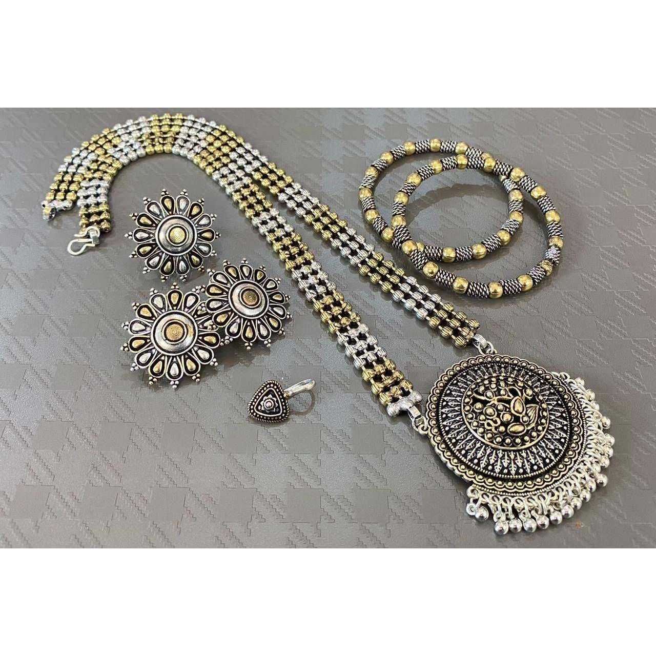 Indian jewellery dual tone set, oxidised jewelry set of 5, Bohol tribal jewelry, gifts for her, long necklace set, handmade, Kolhapuri jewel