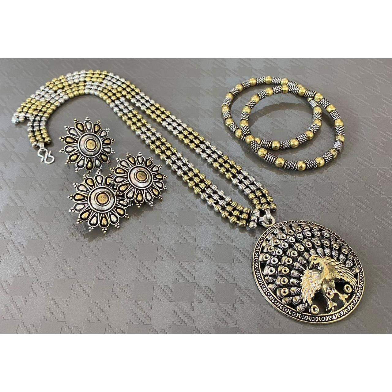 Indian jewellery dual tone set, oxidised jewelry set of 5, Bohol tribal jewelry, gifts for her, long necklace set, handmade, Kolhapuri jewel