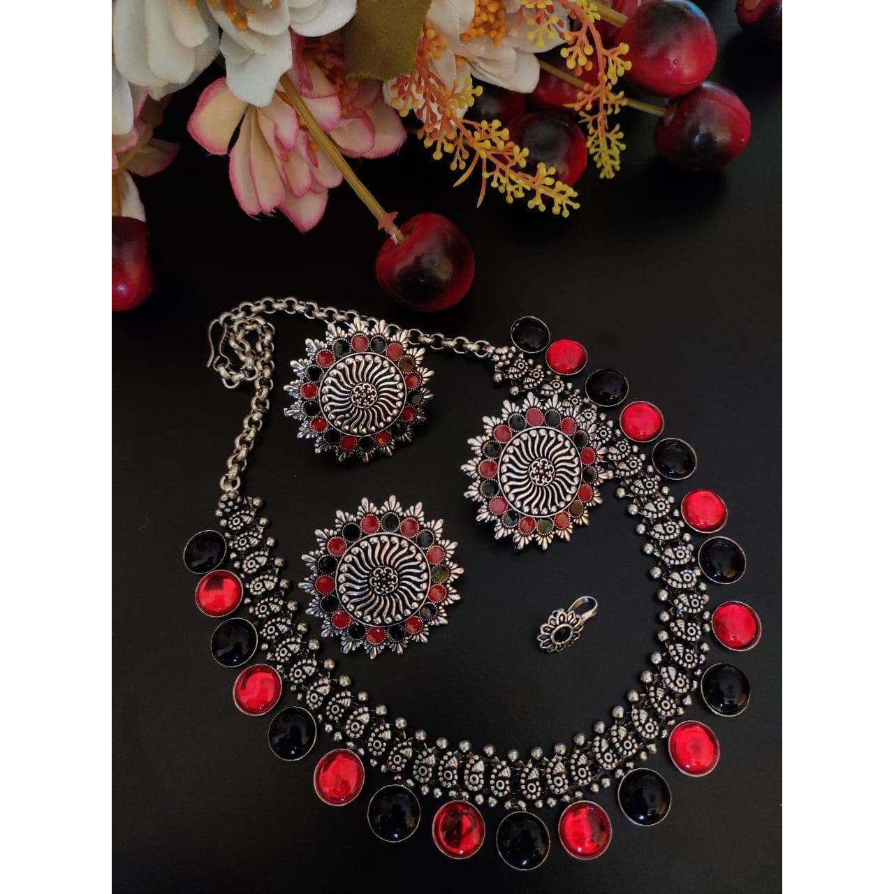 Indian stone choker set, Statement necklace set, Stone choker necklace set, Kolhapuri necklace, German silver oxidized jewelry set, handmade