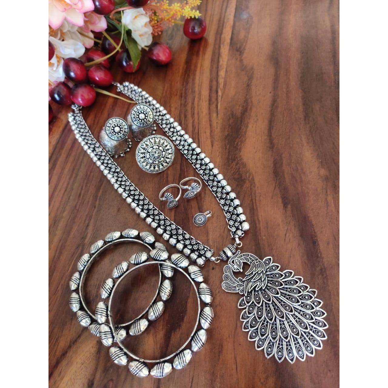 Indian Traditional German Silver Oxidized Jewelry Set of 6 | Boho Tribal Necklace Handmade Oxidized Silver Black Jewelry Set