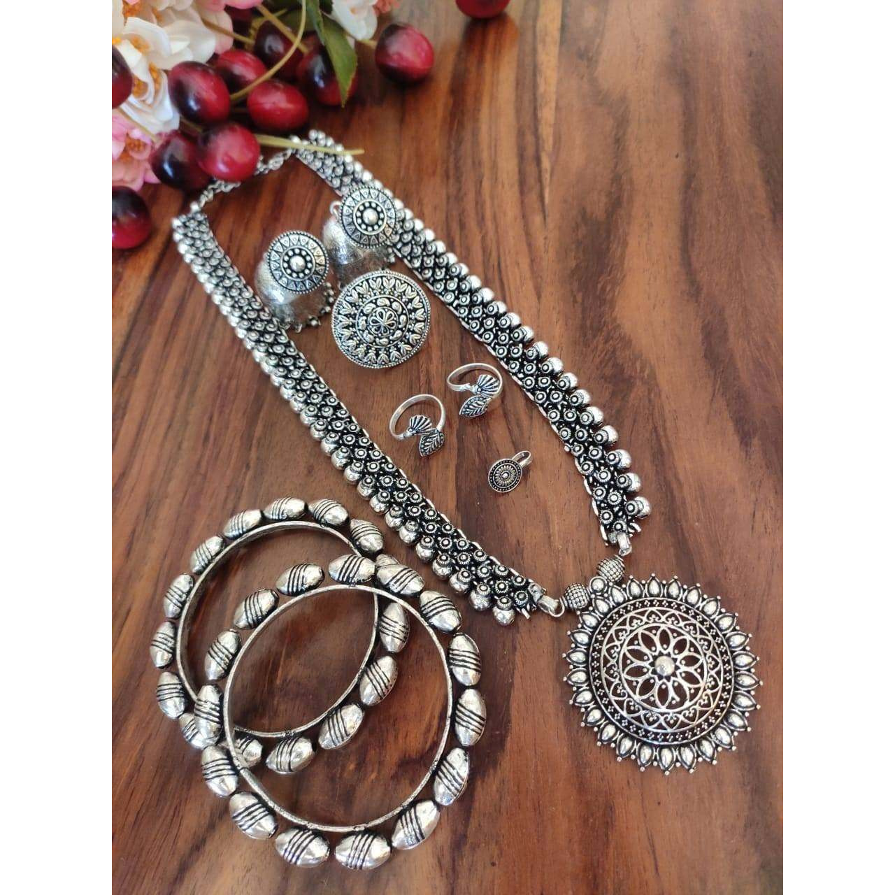 Indian Traditional German Silver Oxidized Jewelry Set of 6 | Boho Tribal Necklace Handmade Oxidized Silver Black Jewelry Set