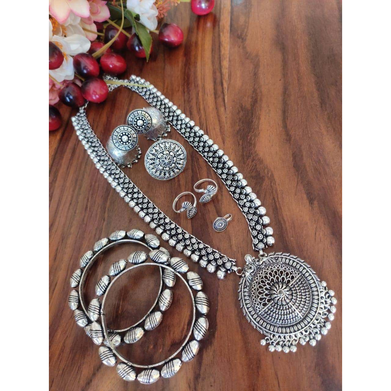 Indian Traditional German Silver Oxidized Jewelry Set of 6 | Boho Tribal Necklace Handmade Oxidized Silver Black Jewelry Set