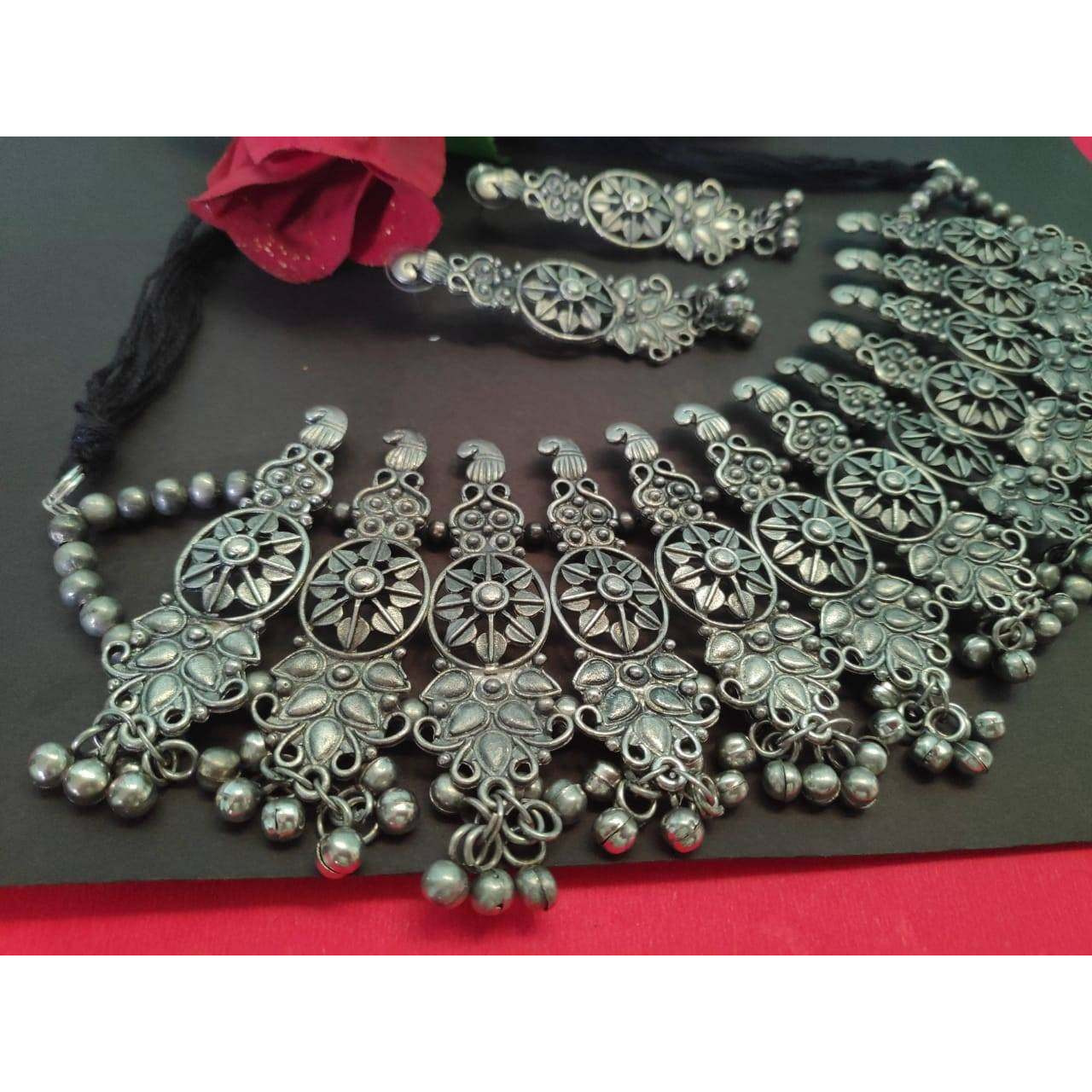 Afghani choker set, SLA Trendy Indian choker set, black polish, ghunghroo set, oxidised jewelry, handmade tribal jewelry, broad choker set