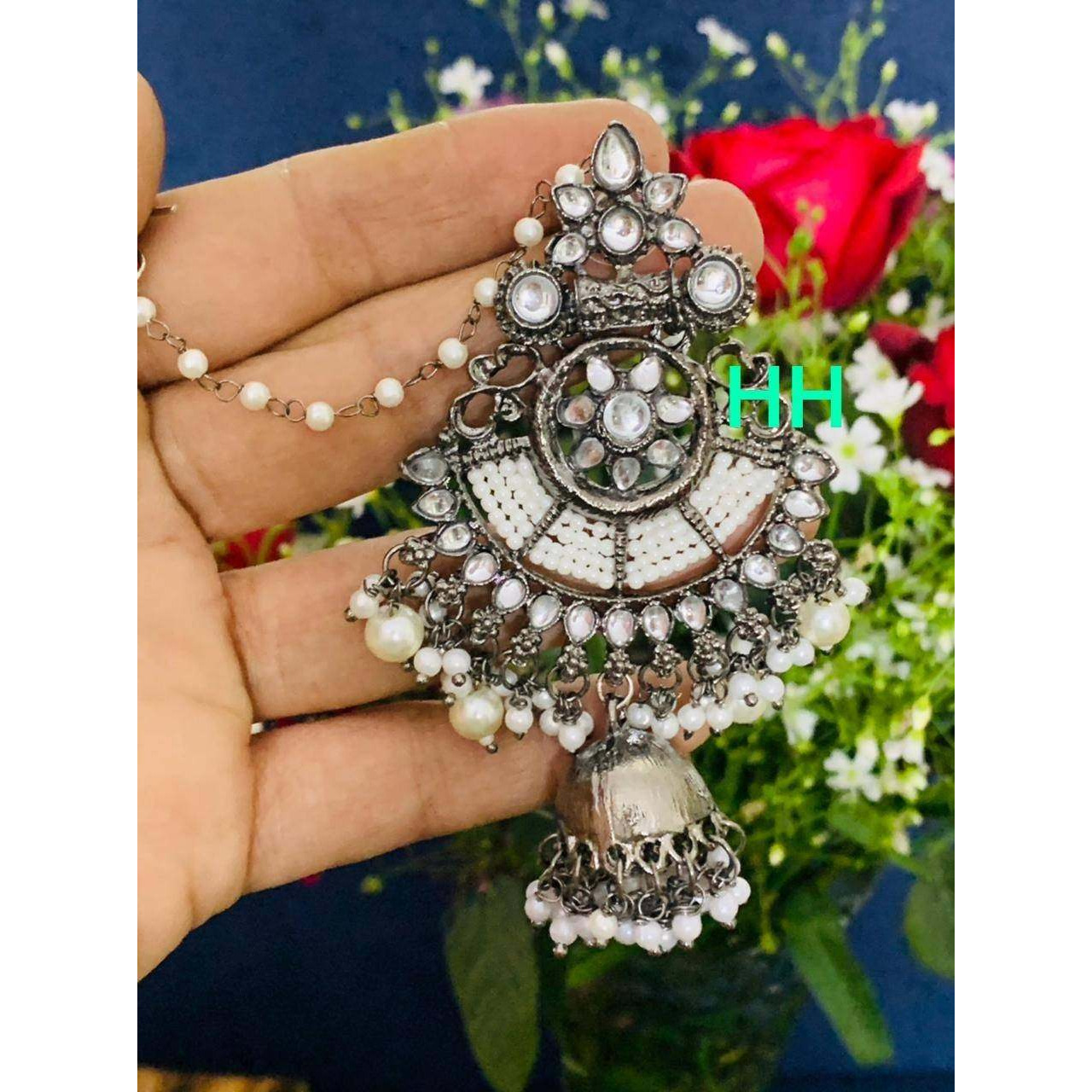 Chandbali Oxidised stone jhumka jhumki earring, long earrings, black polish Indian ethnic earrings, pearl earring, handmade temple earring,