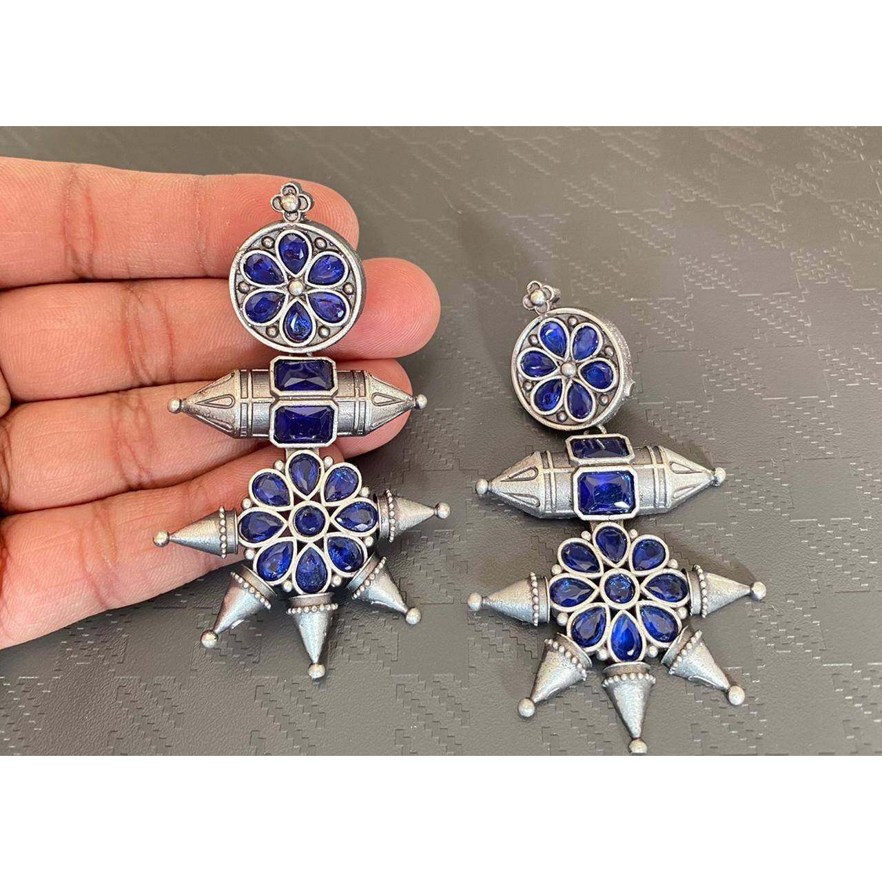 Oxidized Silver Look Alike Long Stone Earrings, Traditional German Silver Earrings - Vintage, Bollywood Jewelry, Handmade Statement Earrings