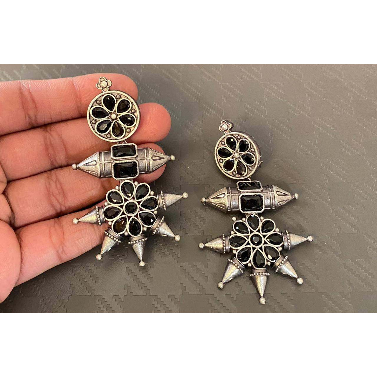 Oxidized Silver Look Alike Long Stone Earrings, Traditional German Silver Earrings - Vintage, Bollywood Jewelry, Handmade Statement Earrings