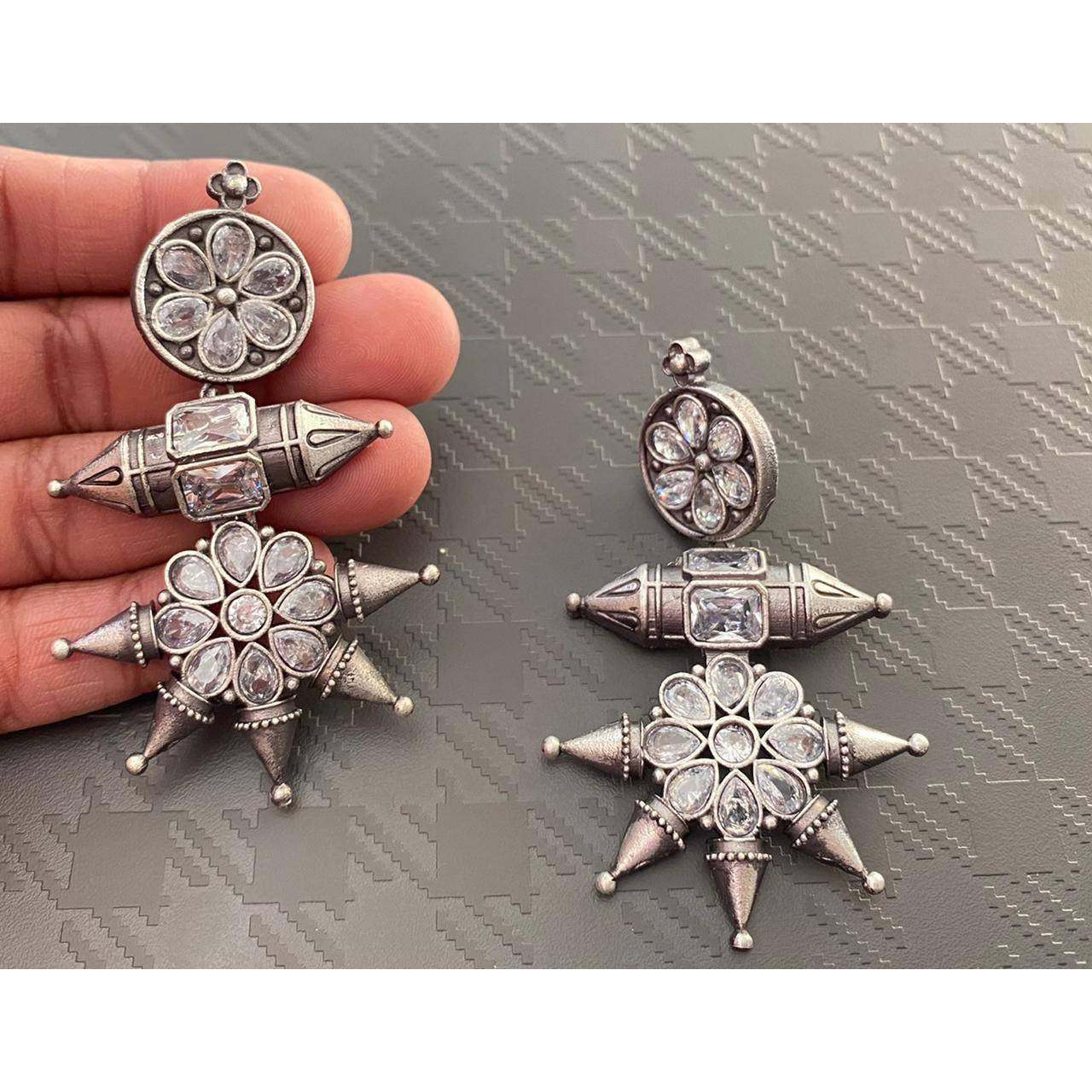 Oxidized Silver Look Alike Long Stone Earrings, Traditional German Silver Earrings - Vintage, Bollywood Jewelry, Handmade Statement Earrings