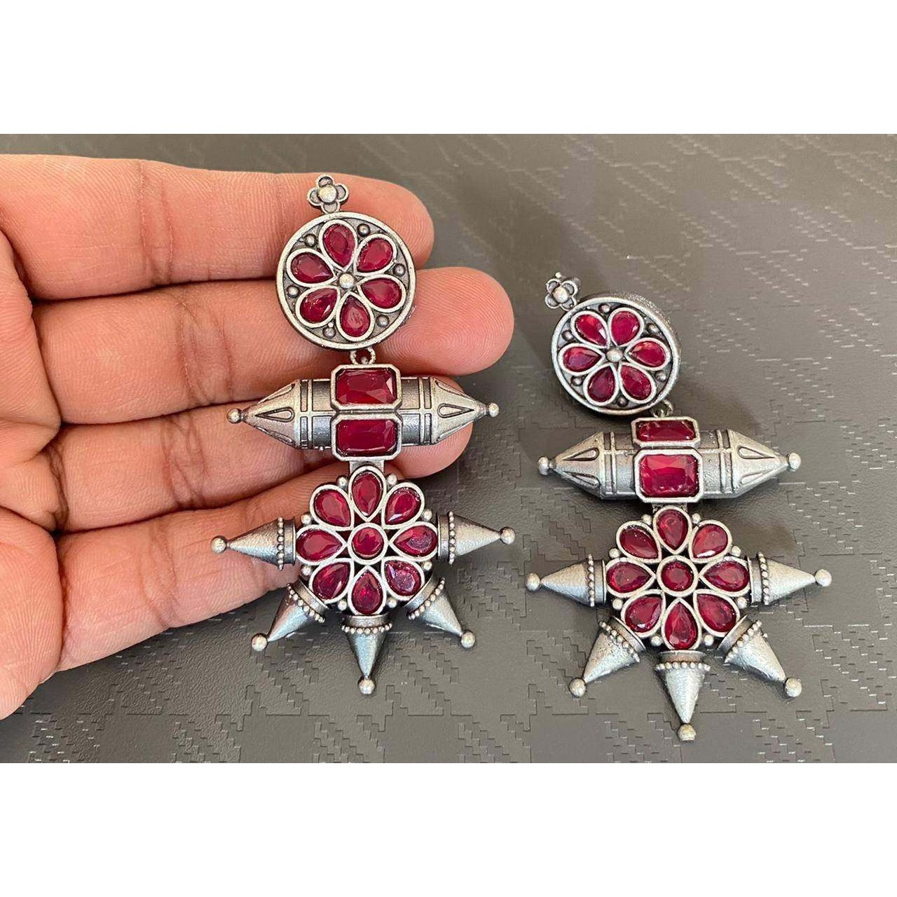 Oxidized Silver Look Alike Long Stone Earrings, Traditional German Silver Earrings - Vintage, Bollywood Jewelry, Handmade Statement Earrings