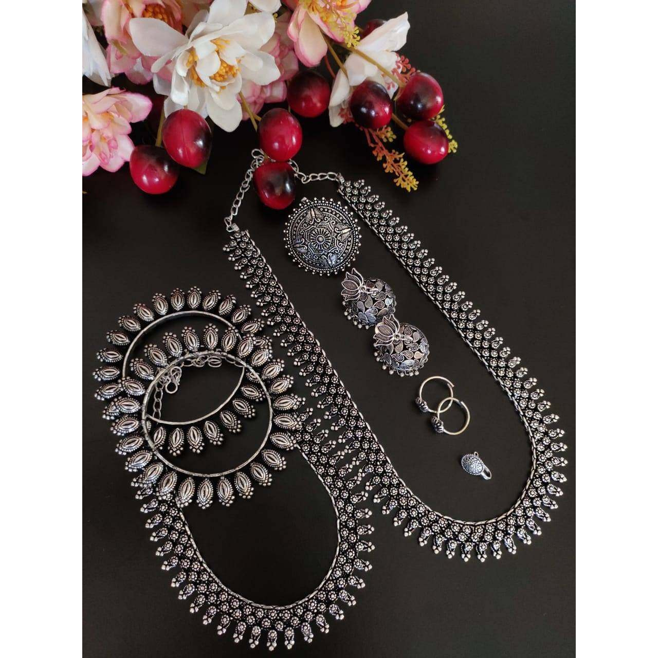 Temple jewelry, Oxidised jewelry set, necklace set, Indian oxidised set, long+short haram choker set,antique jewelry, handmade, gypsy, gifts