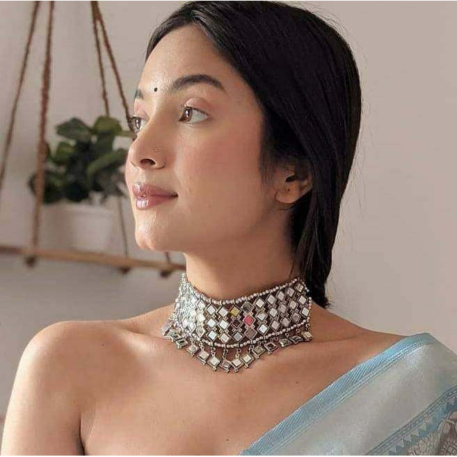 Afghani mirror choker jewellery set, Boho tribal jewlery, Indian oxidised jewellery, handmade, necklace set, anniversary gift, gifts for her