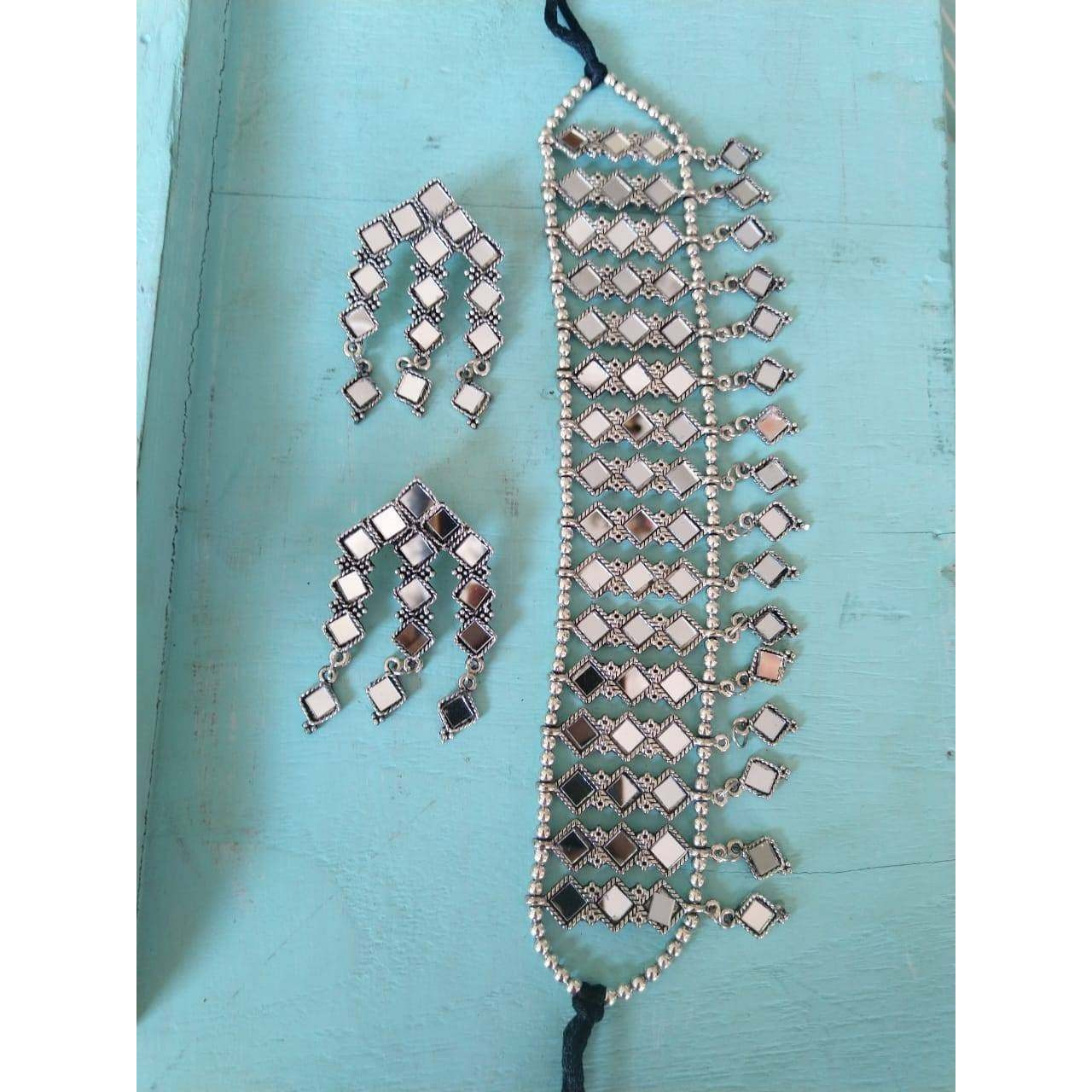 Afghani mirror choker jewellery set, Boho tribal jewlery, Indian oxidised jewellery, handmade, necklace set, anniversary gift, gifts for her