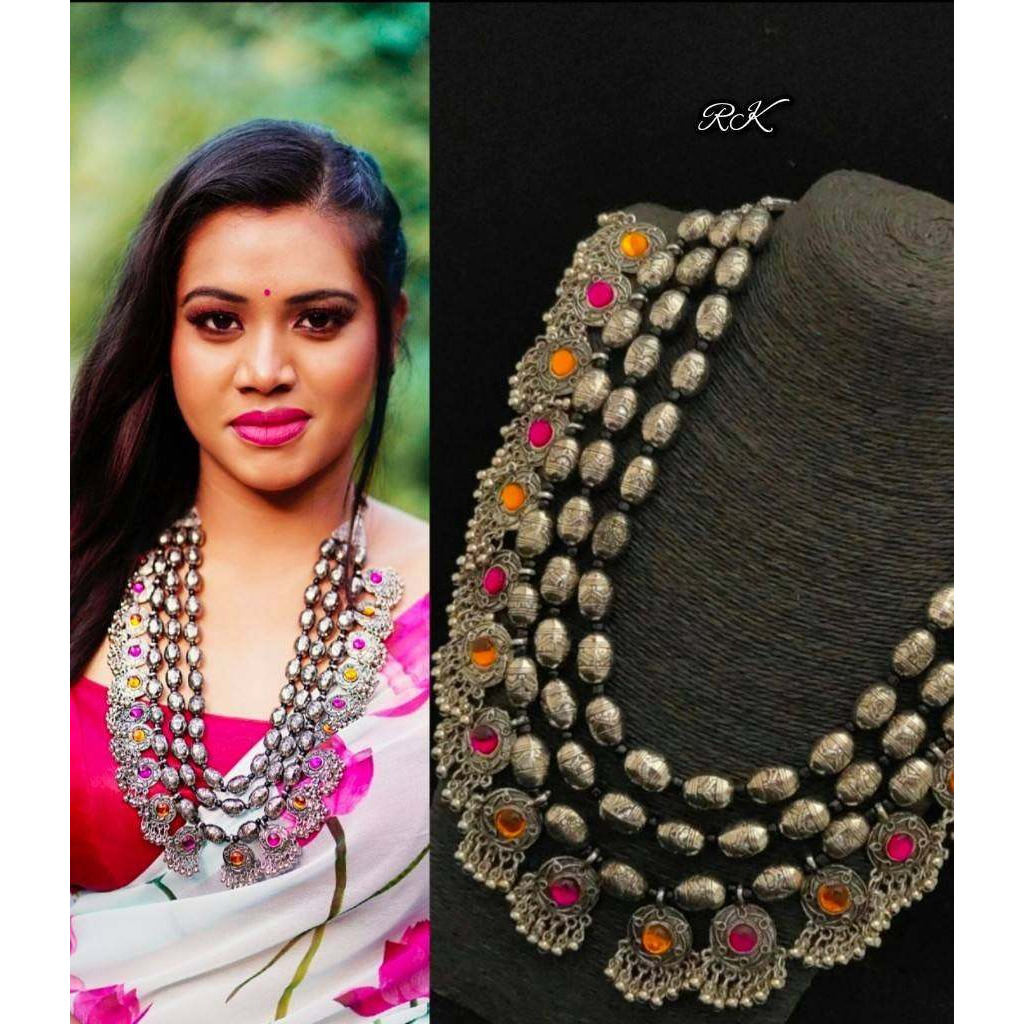 Trendy oxidised stone necklace, multi strand necklace, jewelry set, German silver set, Indian oxidized set, handmade stone jewelry, Boho hi