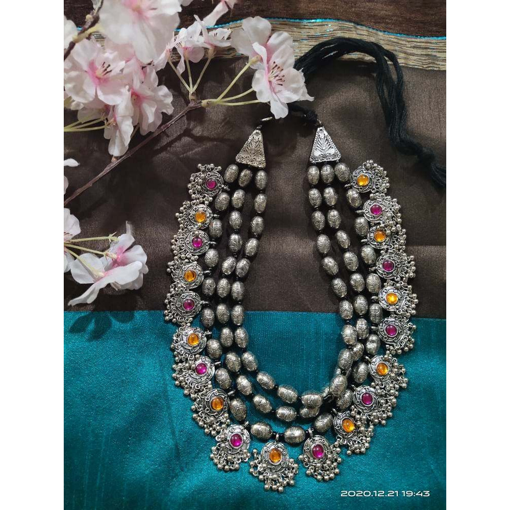 Trendy oxidised stone necklace, multi strand necklace, jewelry set, German silver set, Indian oxidized set, handmade stone jewelry, Boho hi