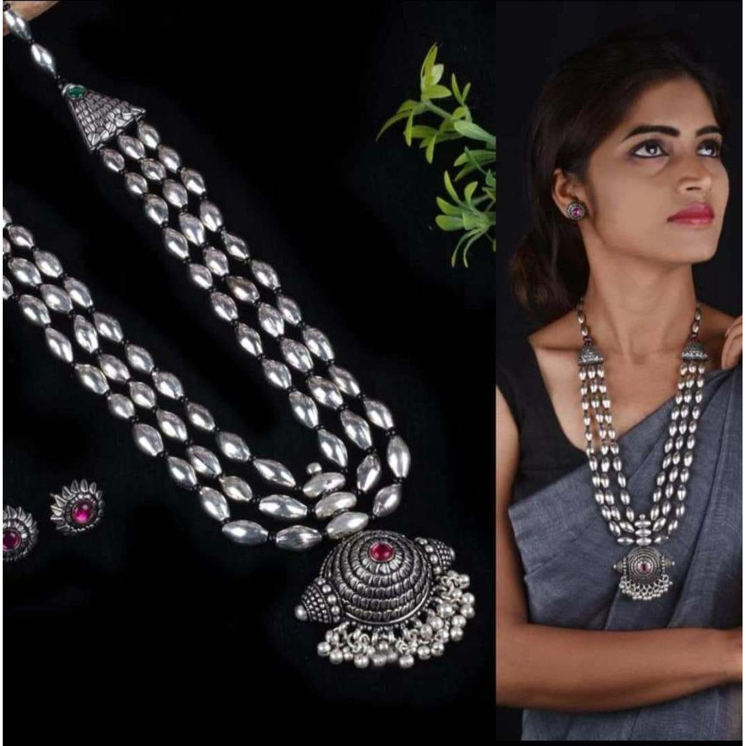 Kolhapuri Saaj dholki oxidised necklace set, Indian ethnic diwali festival wear long necklace set with earring, temple jewelry,silver dholki