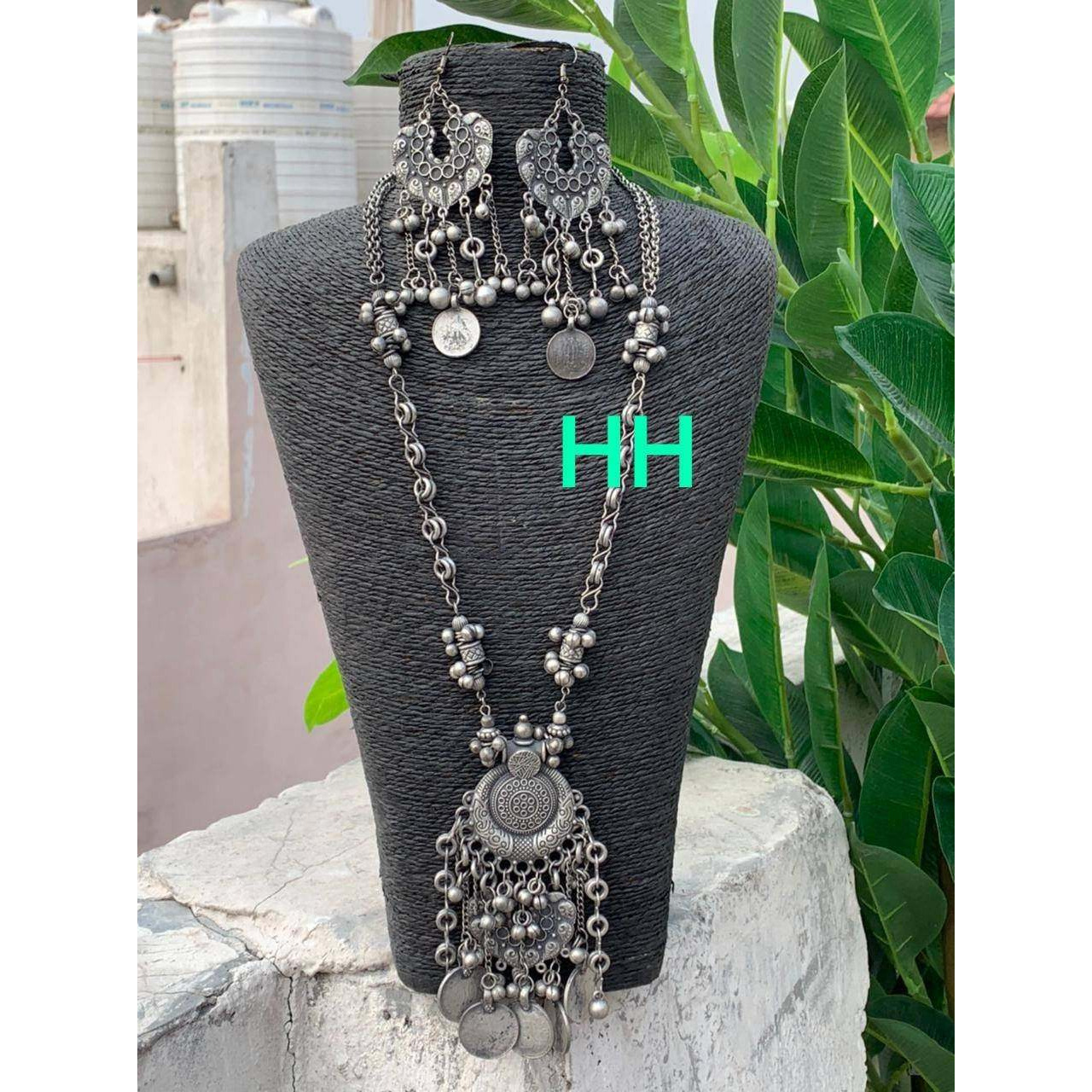 Boho jewellery, Afghani antique necklace set, Tribal necklace, silver black jewelry, long necklace set, Indian jewellery,gifts for her