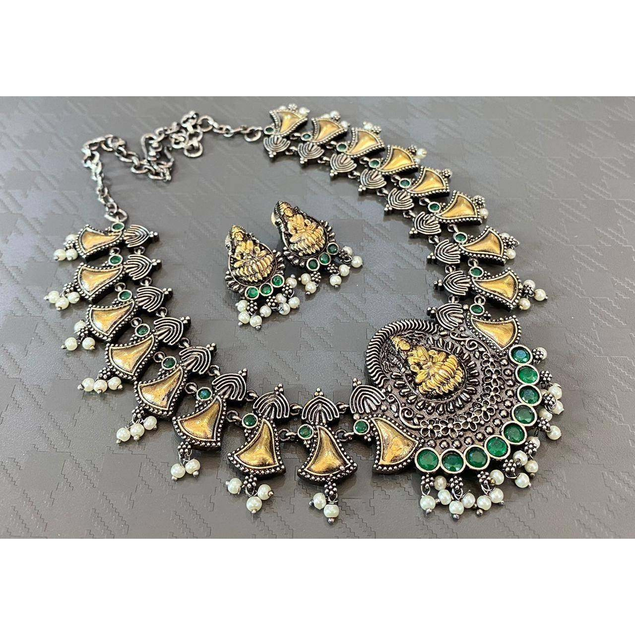 Dual Tone Temple Jewellery Set, Indian Jewellery, Wedding Traditional Jewelry, Stone Studded Dual Tone With Pearls, South Indian Jewellery