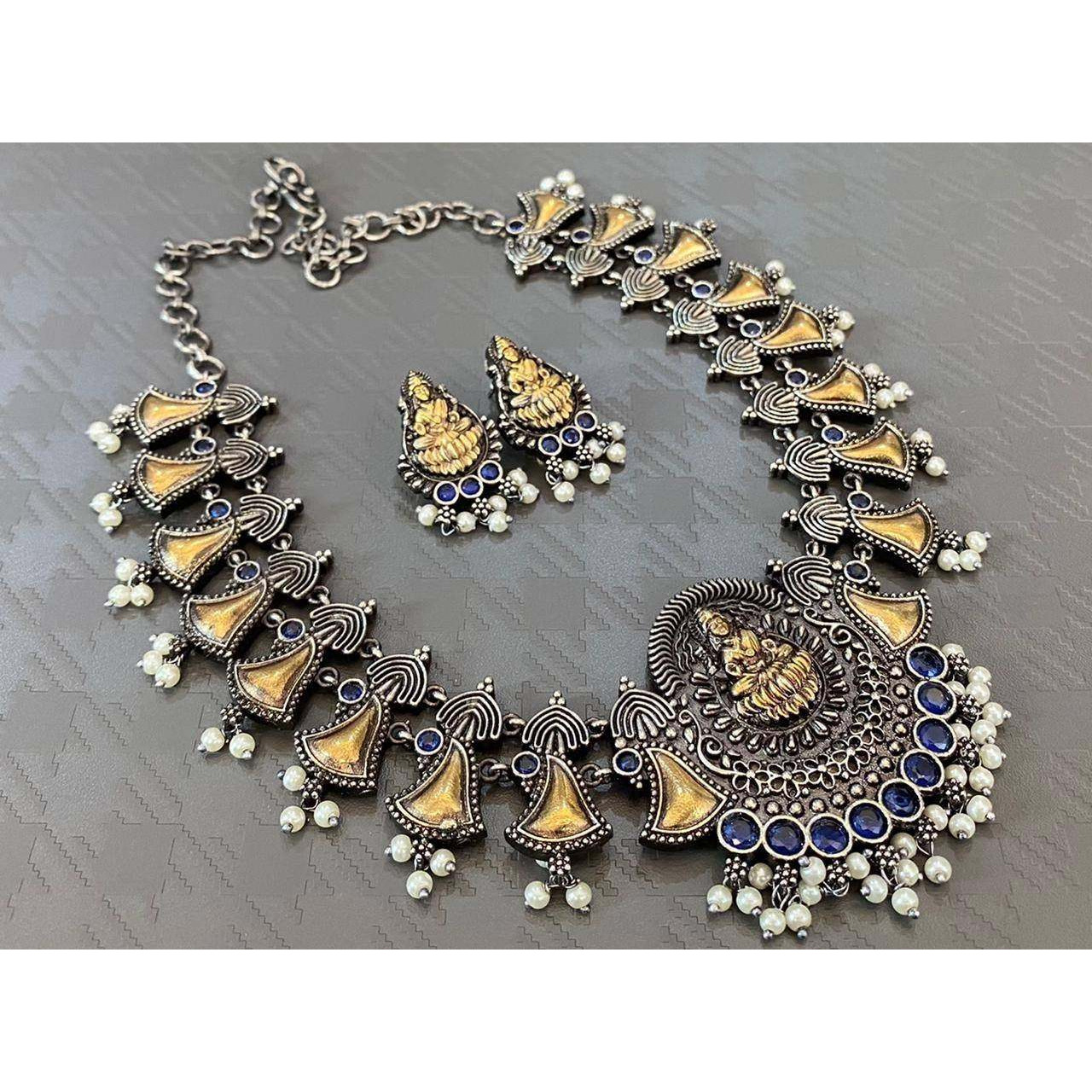 Dual Tone Temple Jewellery Set, Indian Jewellery, Wedding Traditional Jewelry, Stone Studded Dual Tone With Pearls, South Indian Jewellery