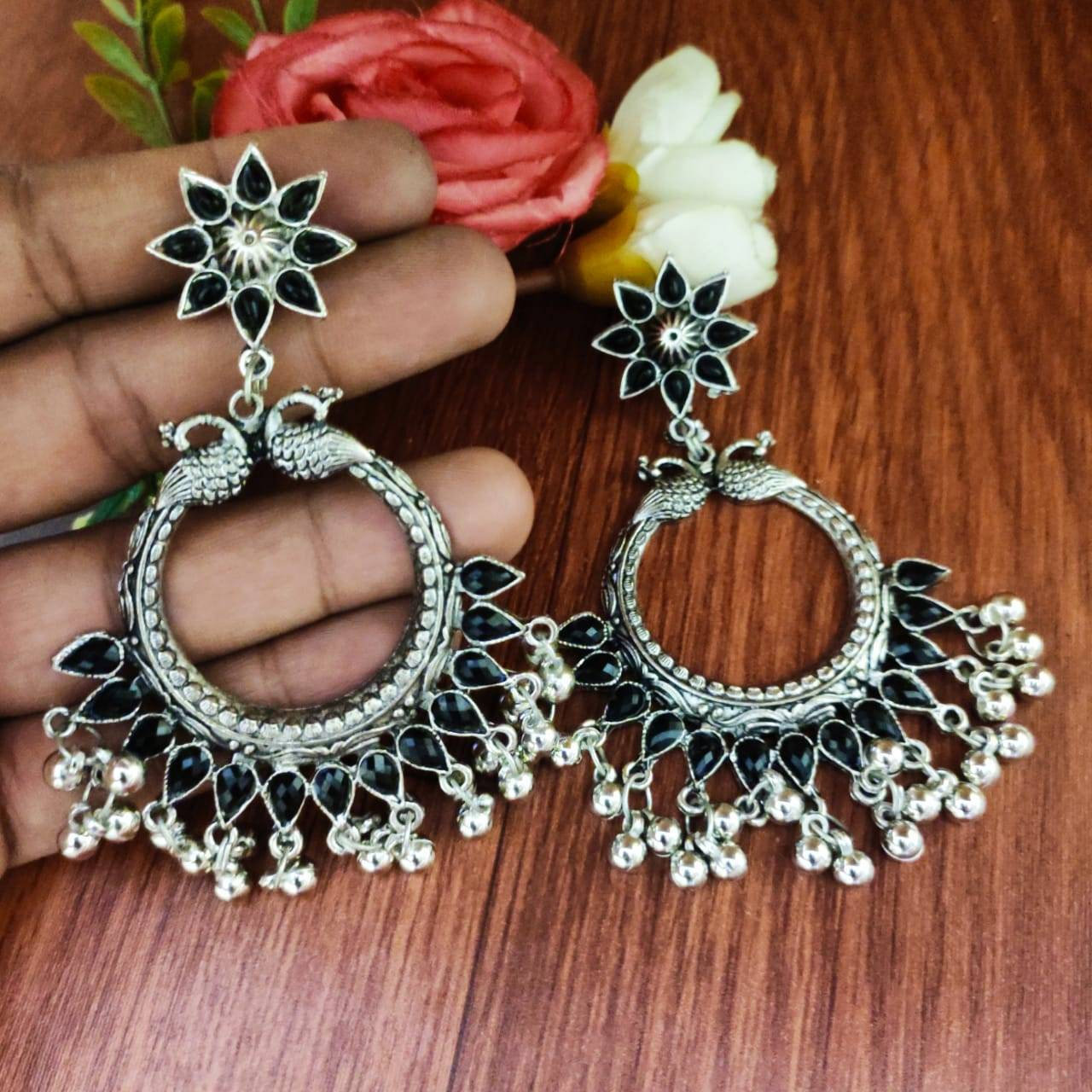 Oxidized Earrings, Peacock Design Ghungroo Round Earrings, Indian Ethnic Earrings, Boho Tribal Earrings, Silver Black Earrings